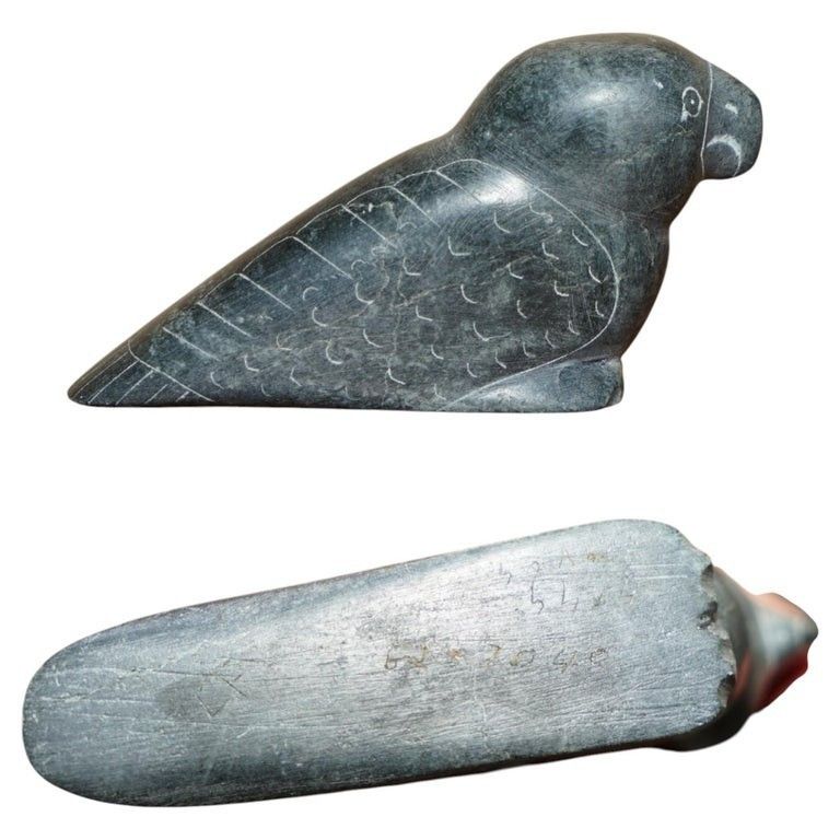 Original Signed With Serial Number Inuit Eskimo Soapstone Carving Parrot Statue