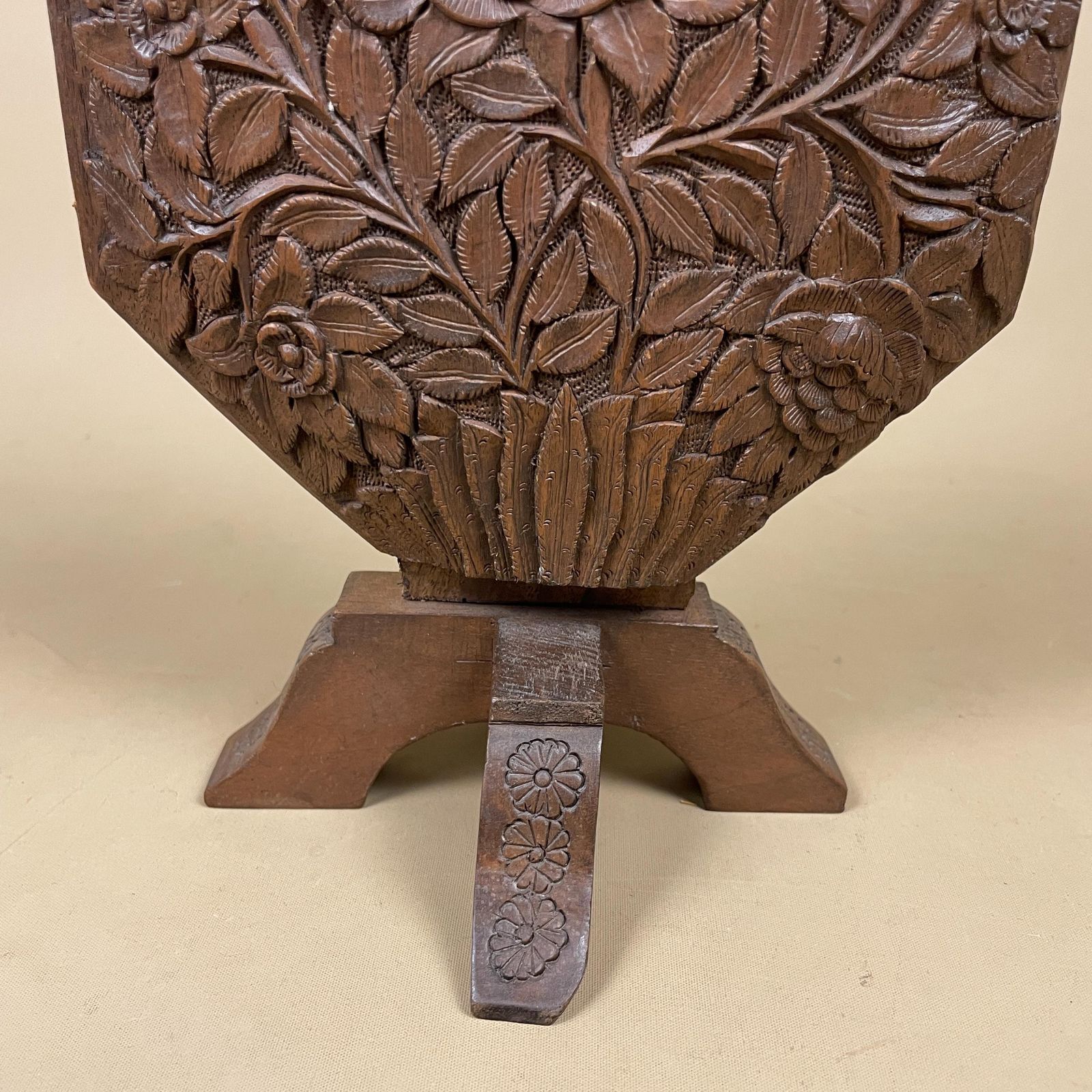 Wooden Folding Stand Hand Carved Cake Muffin Stand 3 Tier Serving Display Kitchen Bakery Decor Antique Style Foldout Floral Carving photo vintage