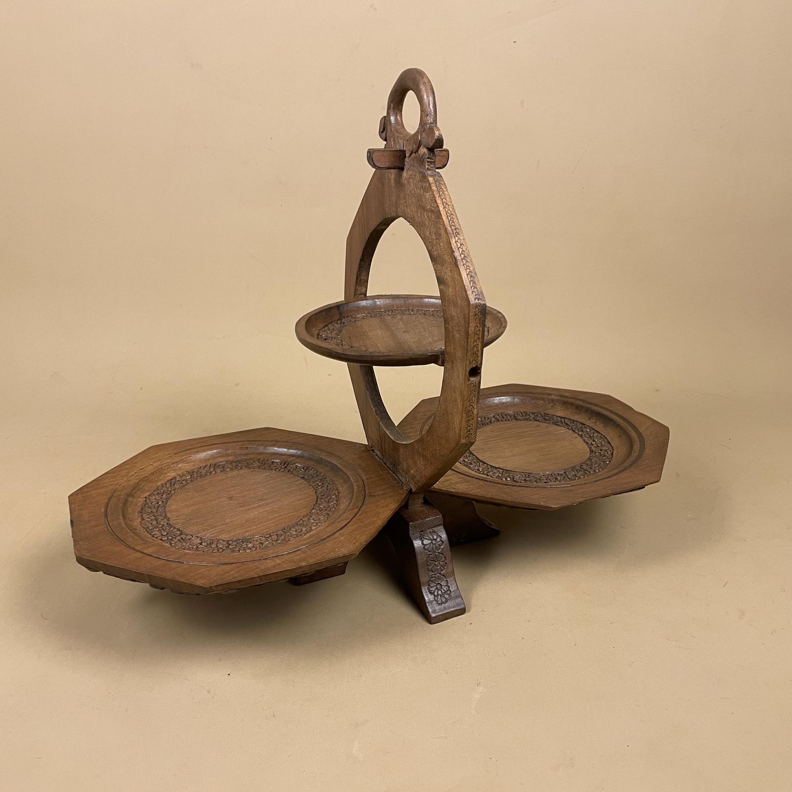 115.0 Wooden Folding Stand Hand Carved Cake Muffin Stand 3 Tier Serving Display Kitchen Bakery Decor Antique Style Foldout Floral Carving photo