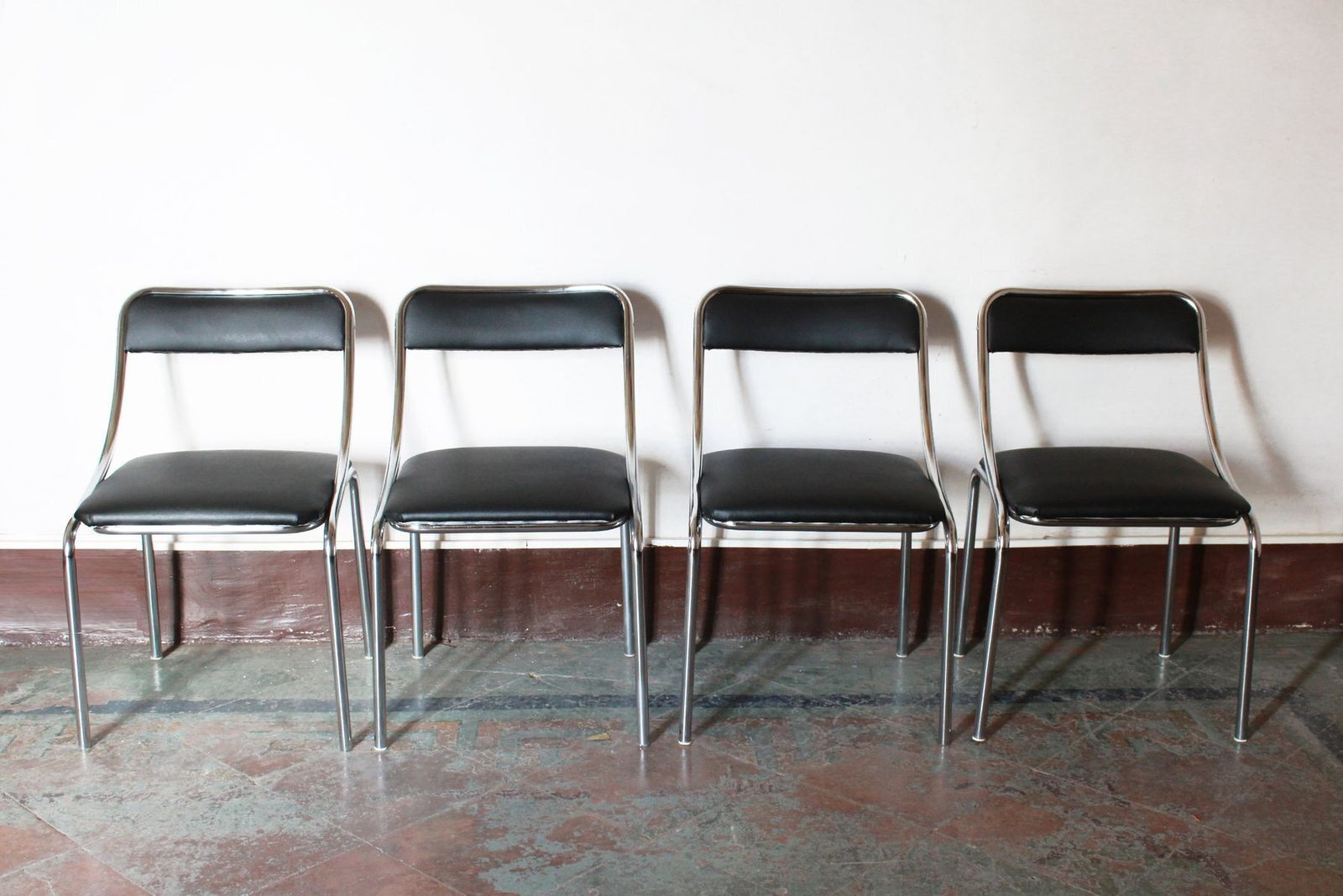 Set Of Four Vintage Chromed Dining Chairs, Faux Leather, Italy, 1970 photo for sale