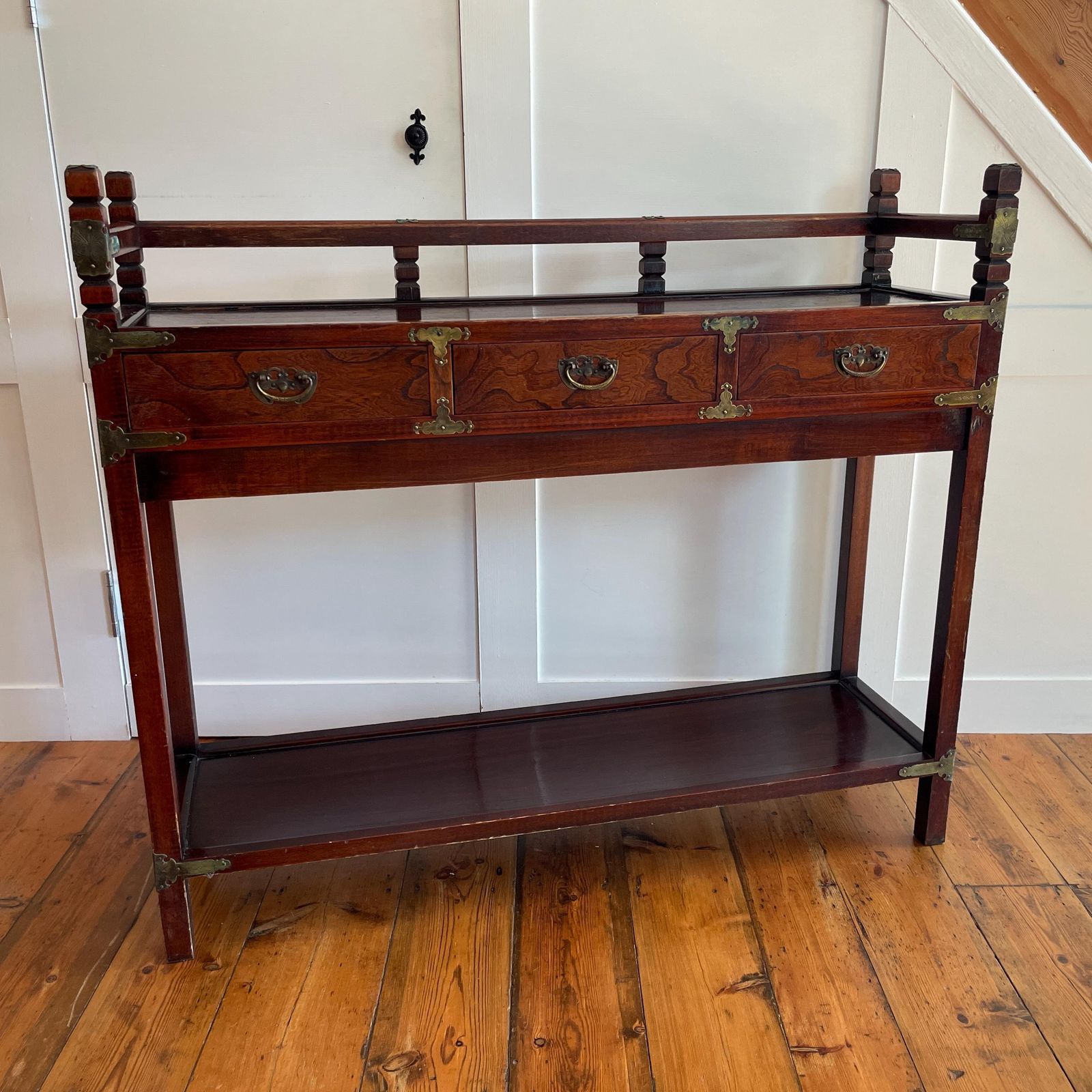 Chinese Console Table Wooden Brass 3 Drawer Oriental Hall Accent Stand Entryway Hallway Table photo for sale