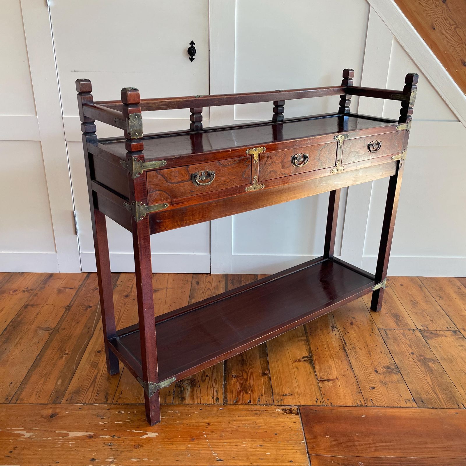 photo furniture Chinese Console Table Wooden Brass 3 Drawer Oriental Hall Accent Stand Entryway Hallway Table