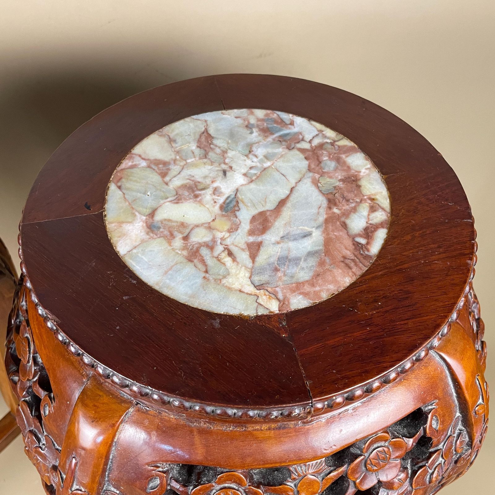 Antique Oriental Plant Stand Table Pair Carved Rosewood Marble Top Chinese Sculpture Display Floral Carving Round Accent photo buy