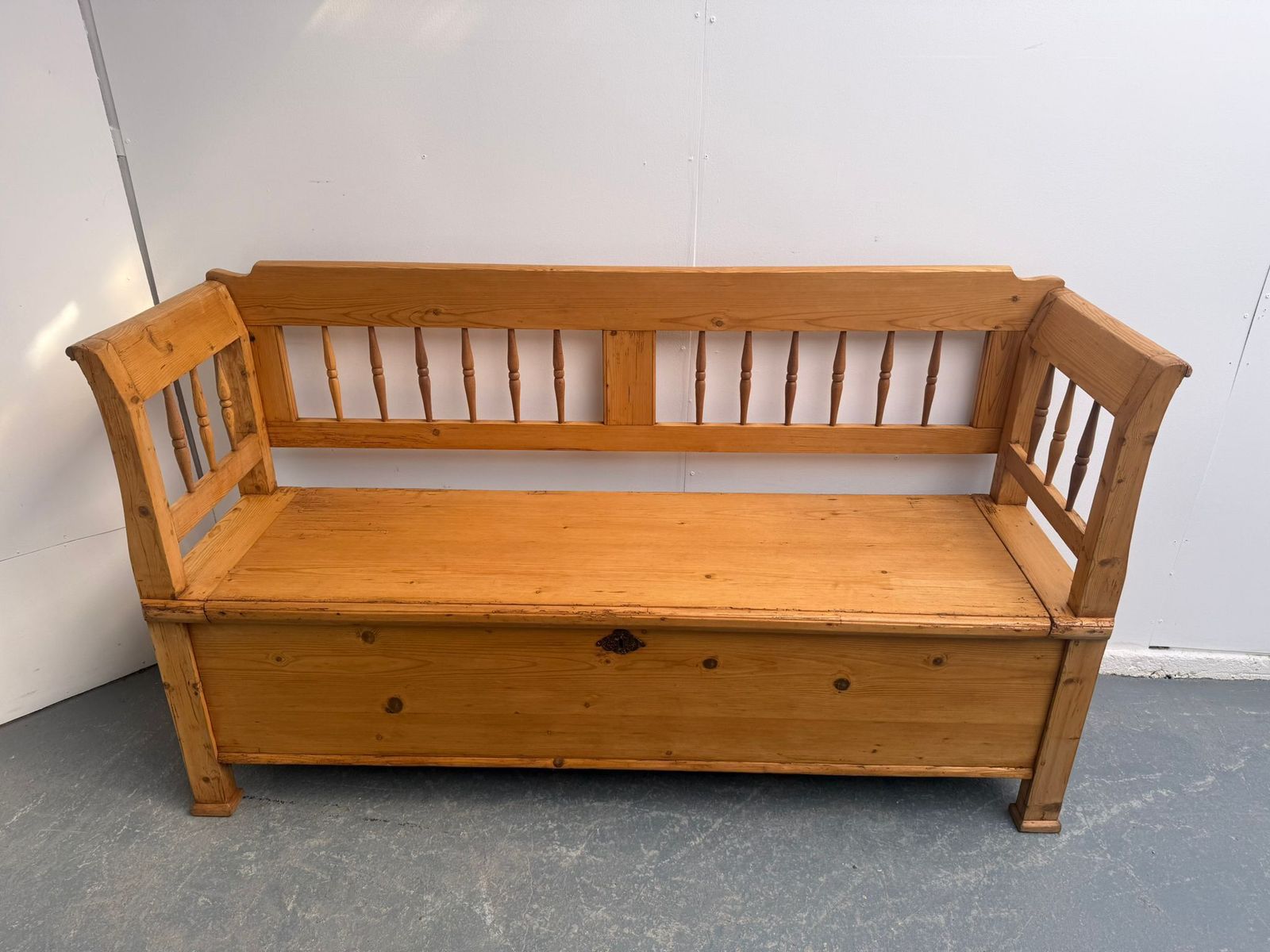 A Lovely Original Hungarian Spindled Pine Waxed Victorian 3 Seater Bench photo for sale