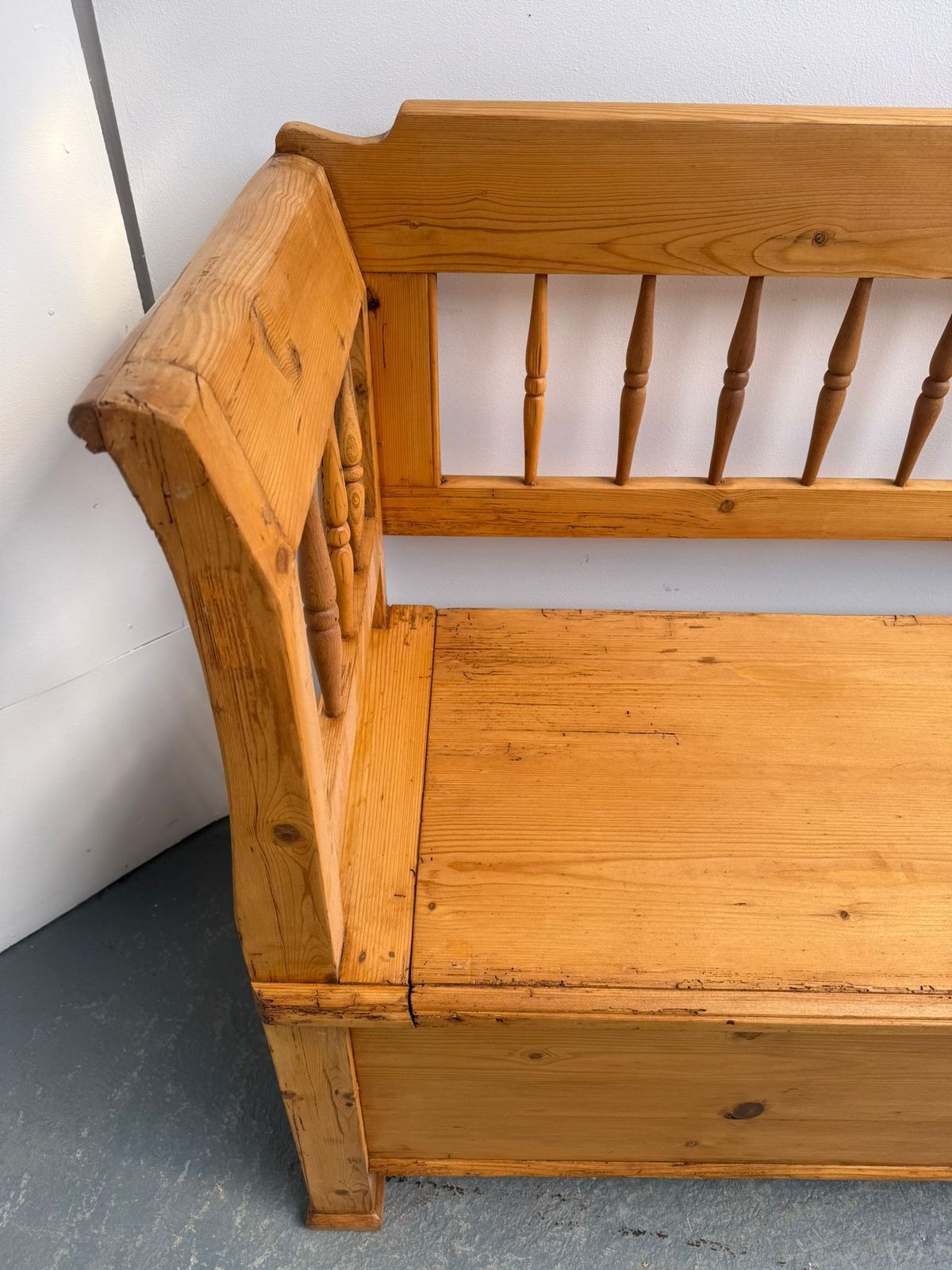photo for sale A Lovely Original Hungarian Spindled Pine Waxed Victorian 3 Seater Bench