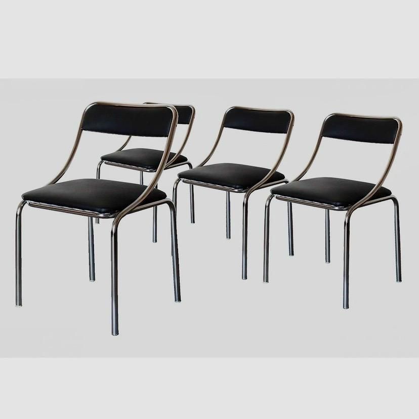 Set Of Four Vintage Chromed Dining Chairs, Faux Leather, Italy, 1970
