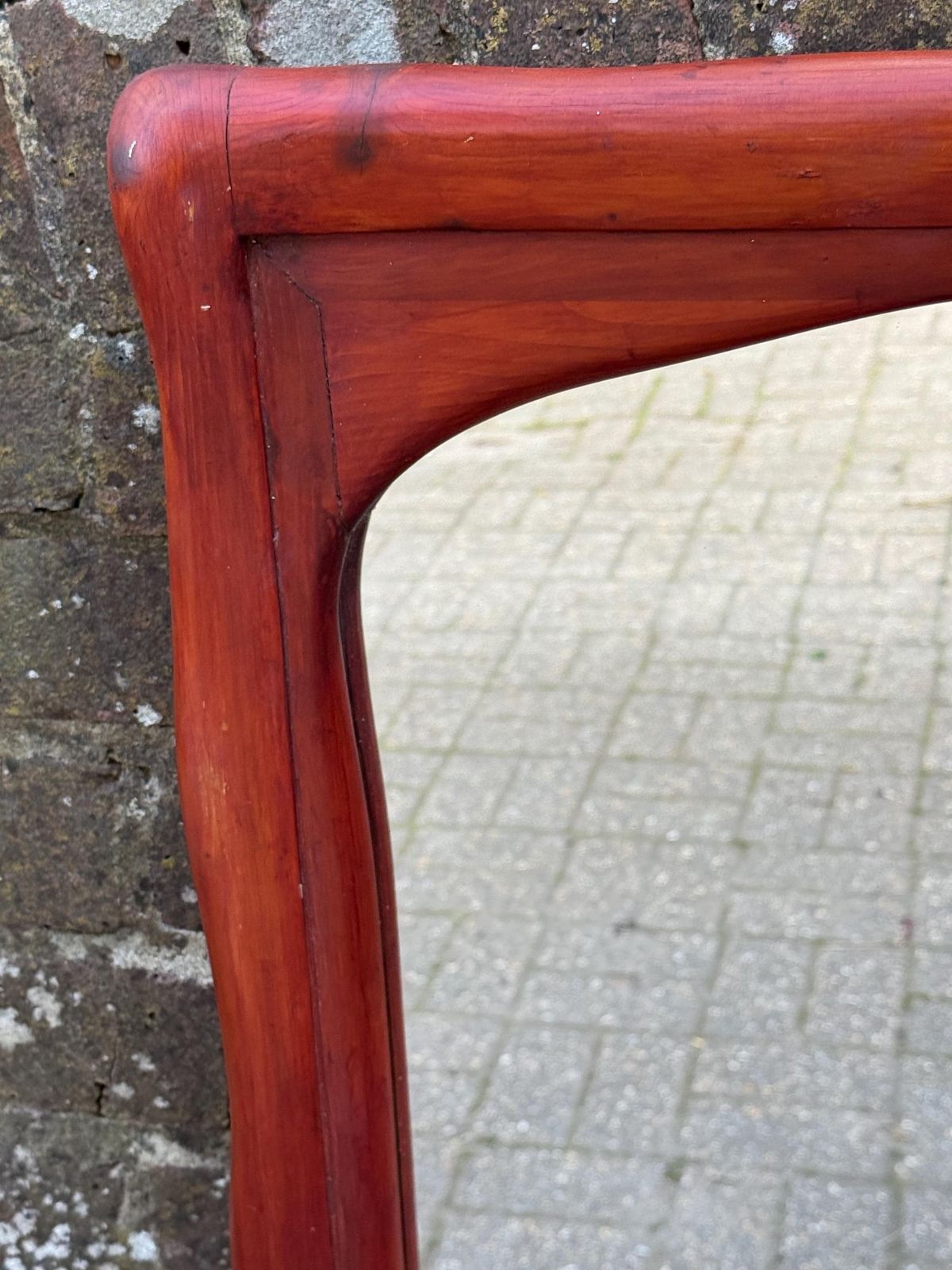Mid Century Large Pine Wall Mirror, Sculptural Wooden Frame Dark Red Brown Finish 57cm X 70cm photo for sale