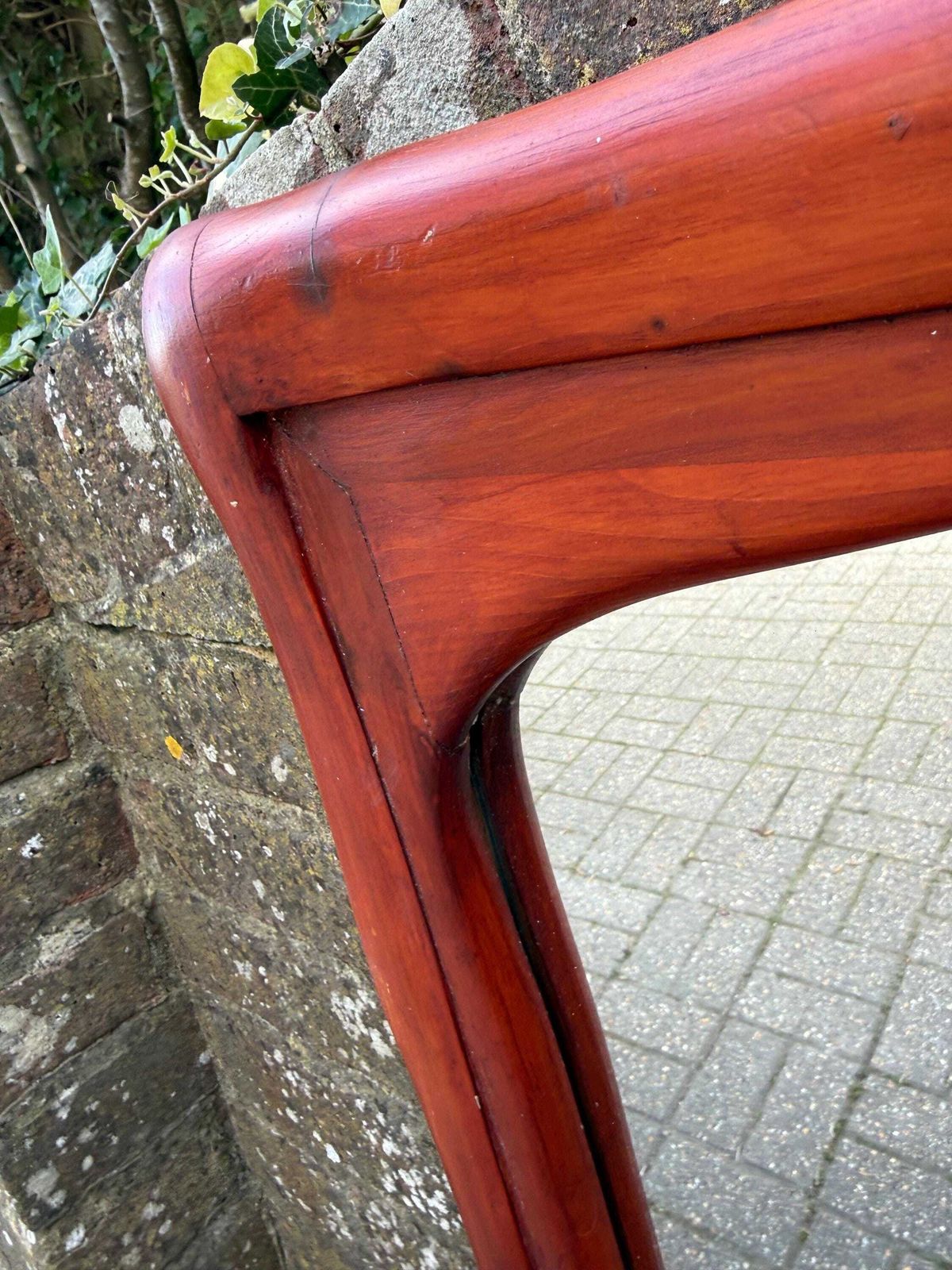 photo for sale Mid Century Large Pine Wall Mirror, Sculptural Wooden Frame Dark Red Brown Finish 57cm X 70cm