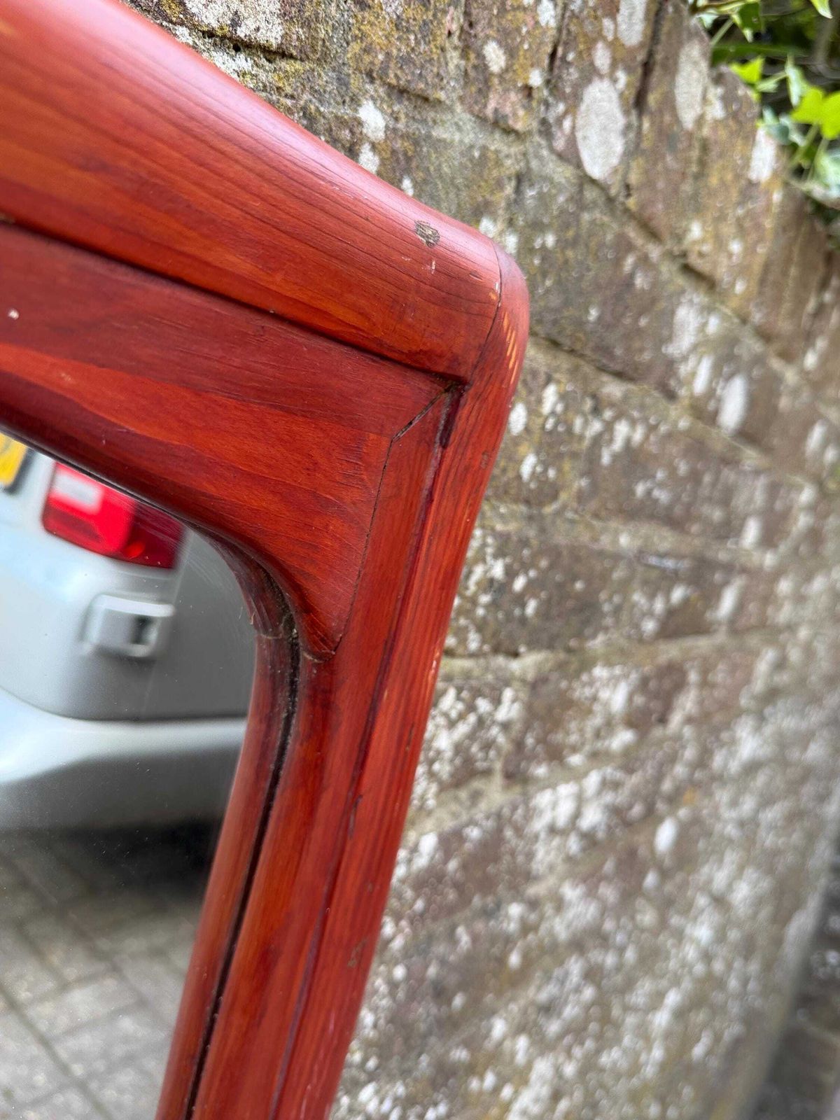 photo buy Mid Century Large Pine Wall Mirror, Sculptural Wooden Frame Dark Red Brown Finish 57cm X 70cm