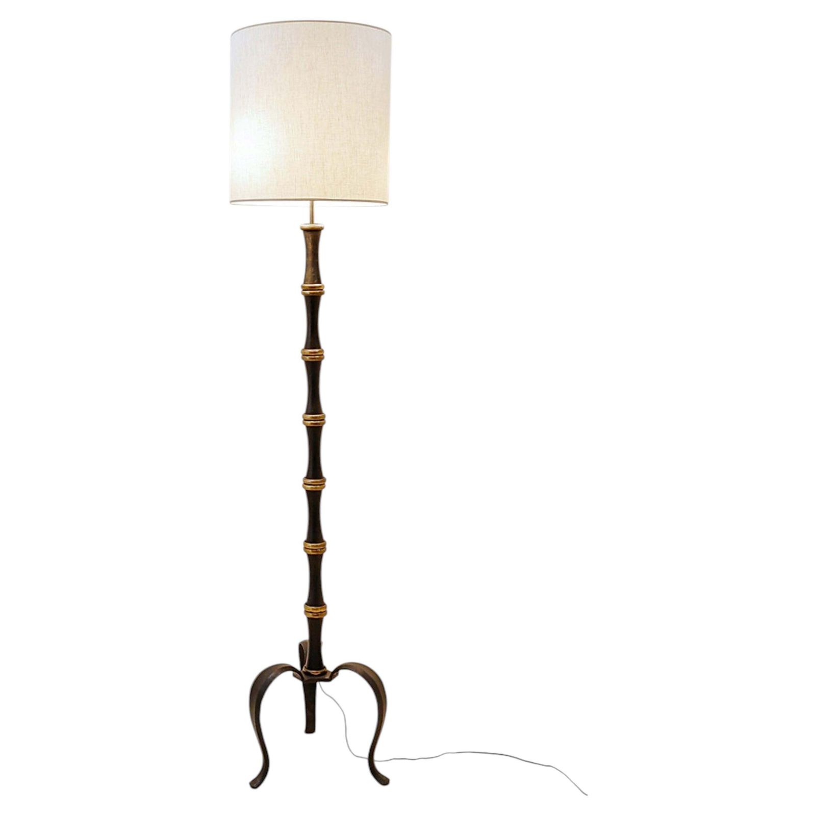 Tripod Floor Lamp In Wrought Iron And Brass With A Bamboo Style Stem