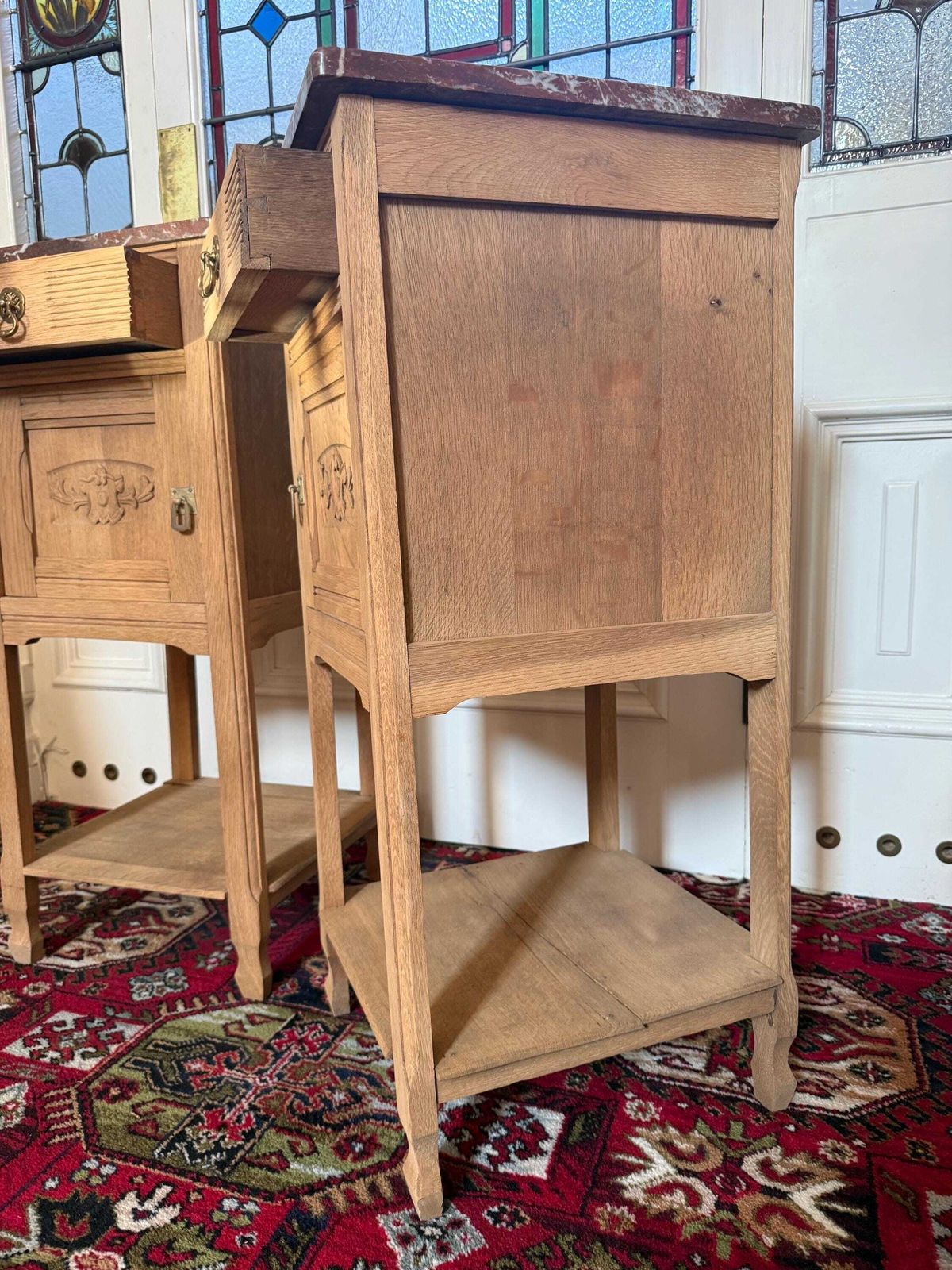 French Sandblasted Oak Bedside Cabinets With Rouge Marble Tops – 1920s Carved Nightstands photo Furniture