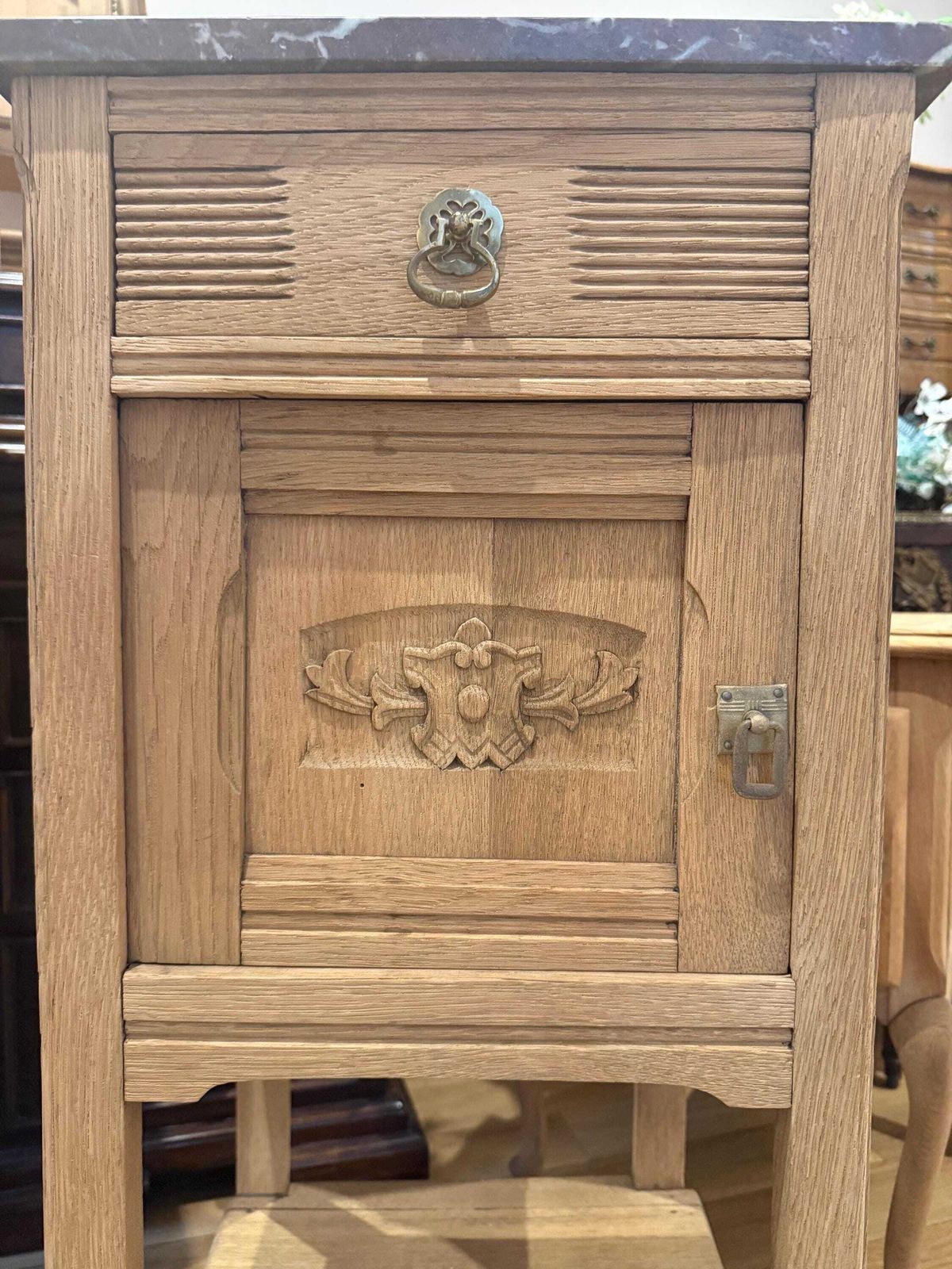 photo furniture French Sandblasted Oak Bedside Cabinets With Rouge Marble Tops – 1920s Carved Nightstands