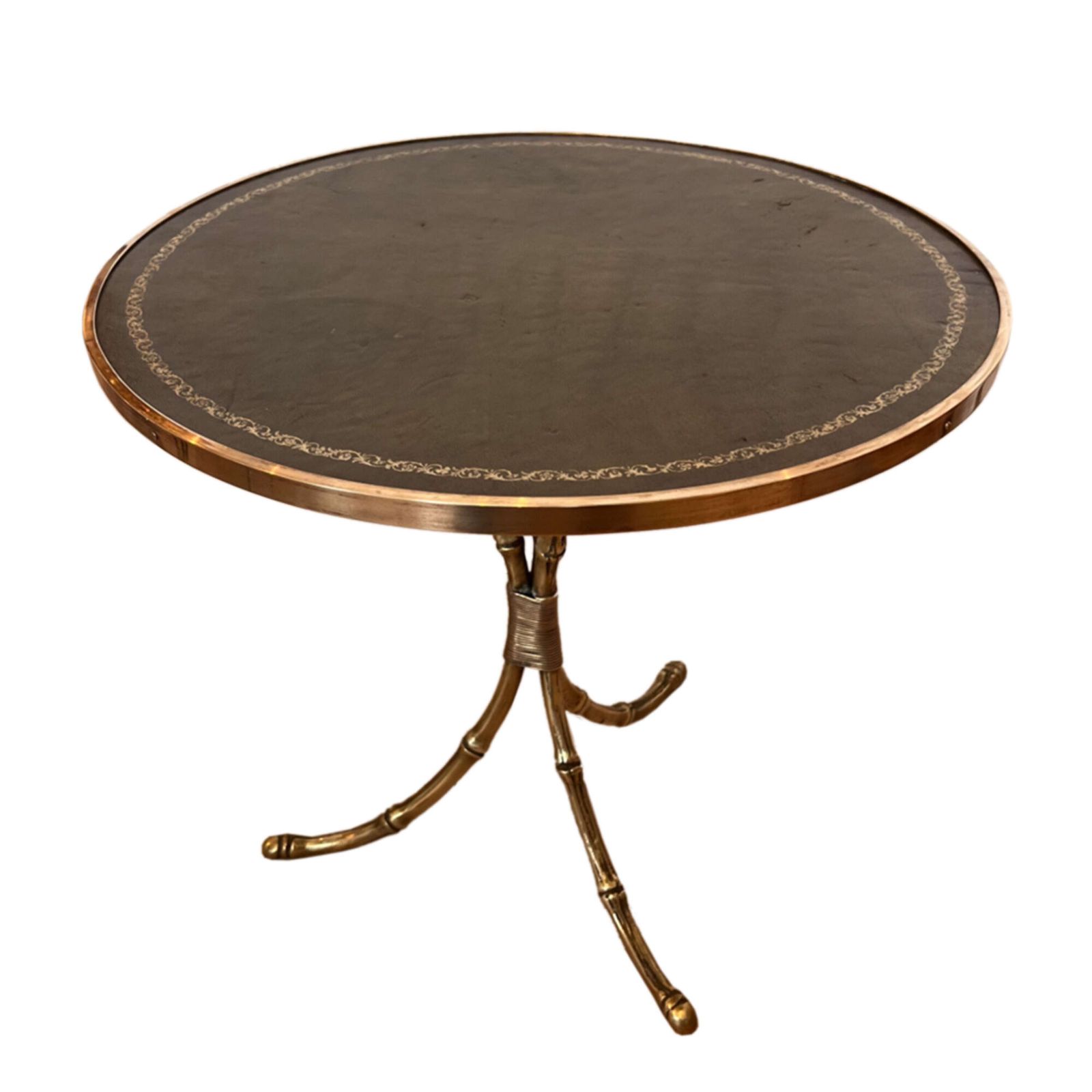 French Midcentury Faux Bamboo Brass Side Table With Tooled Leather Top photo furniture