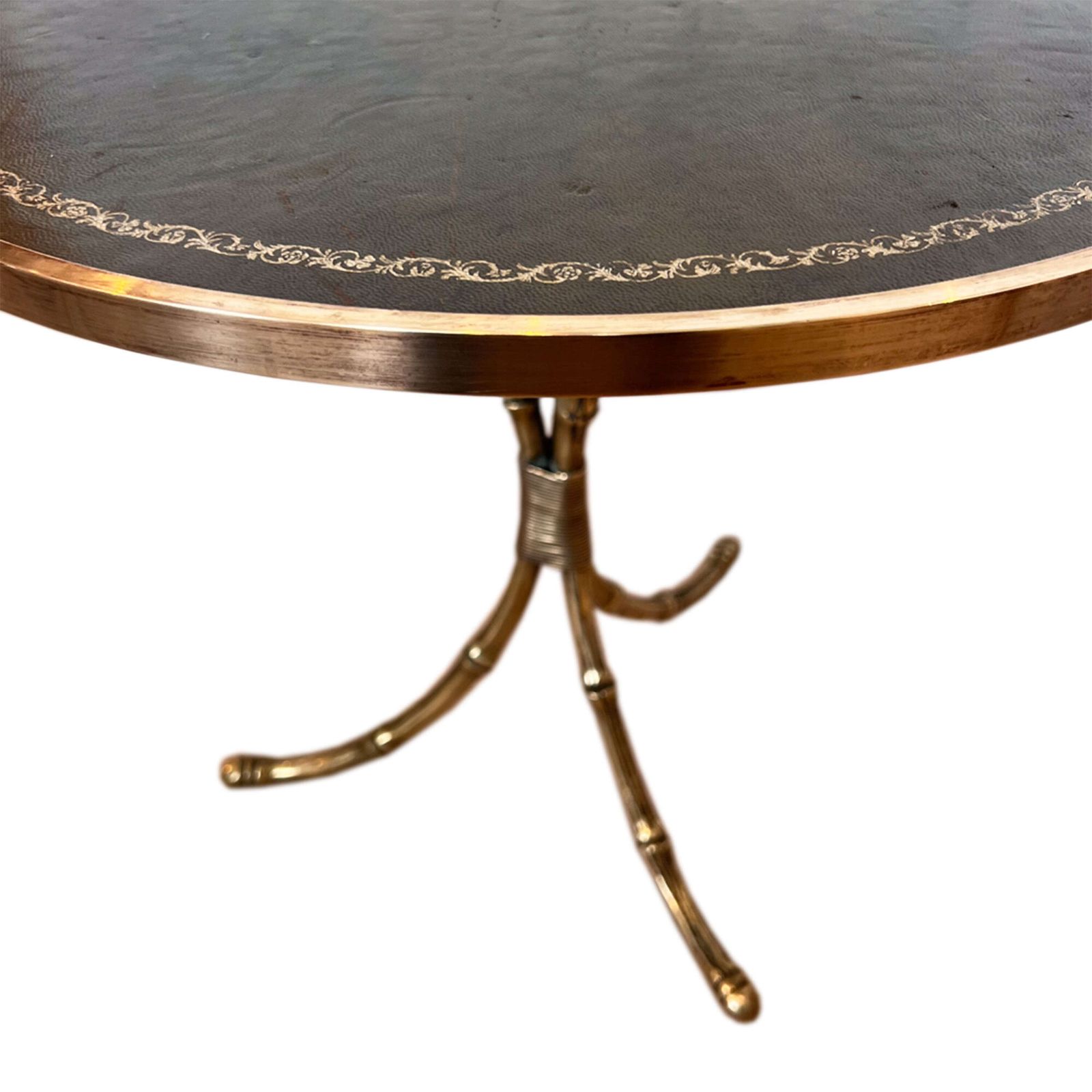French Midcentury Faux Bamboo Brass Side Table With Tooled Leather Top photo for sale
