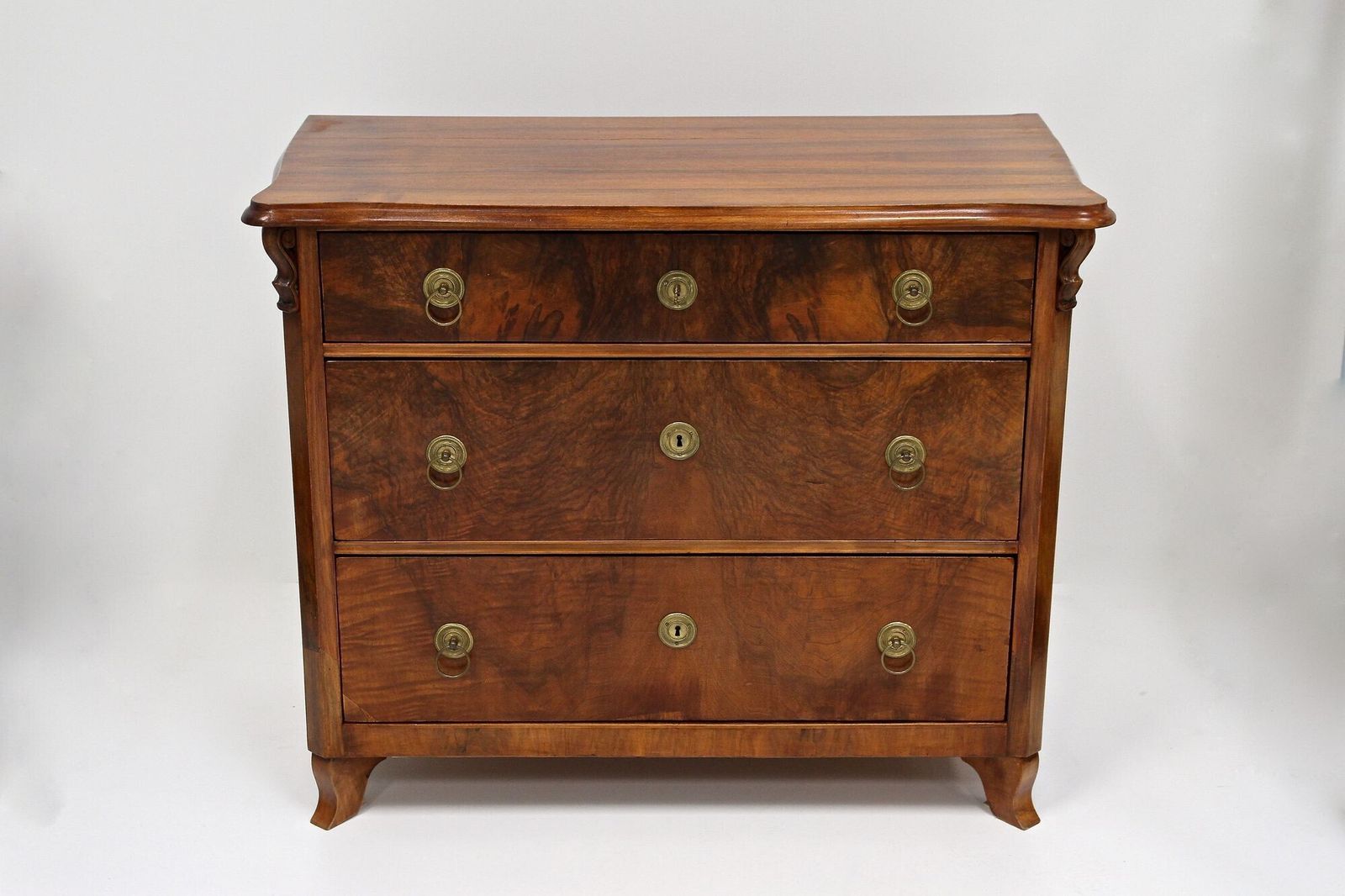 19th Century Biedermeier Chest Of Drawers With Carvings, Nutwood   At Ca. 1860 photo furniture