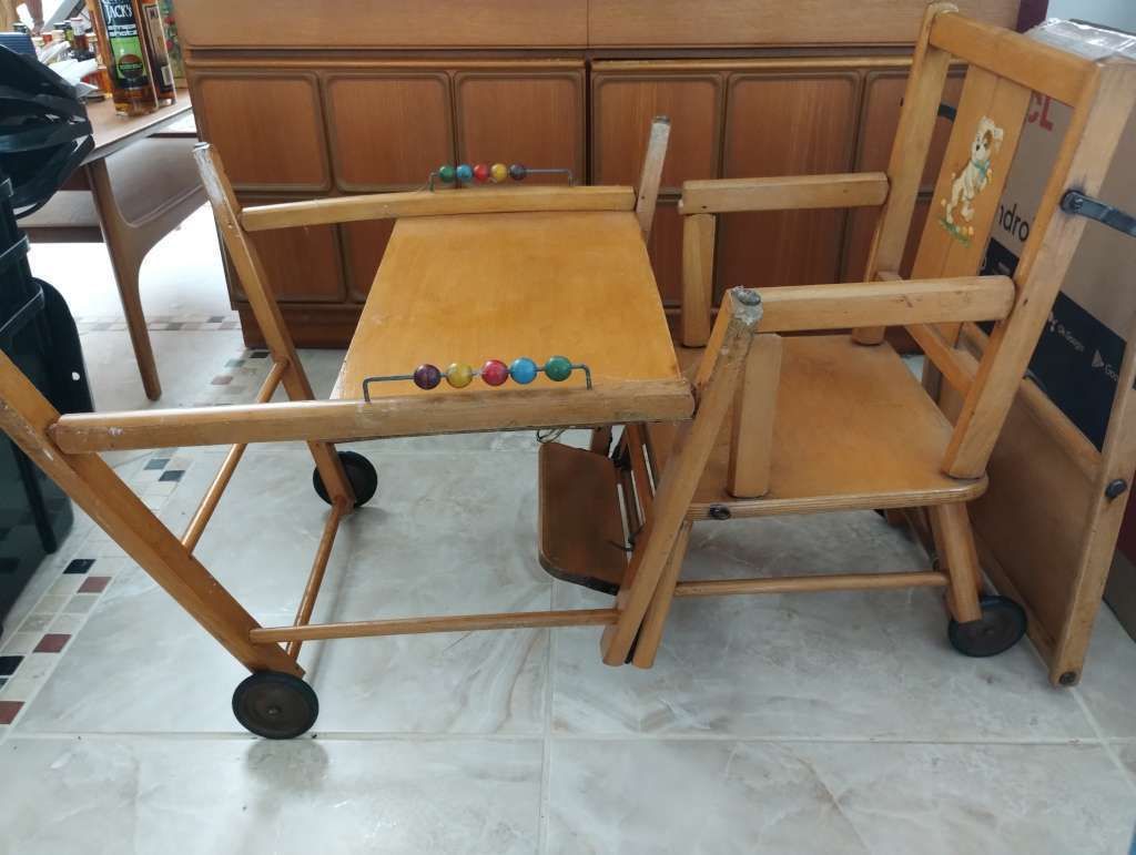 1960's Wooden Highchair / Childs Seat And Table photo for sale
