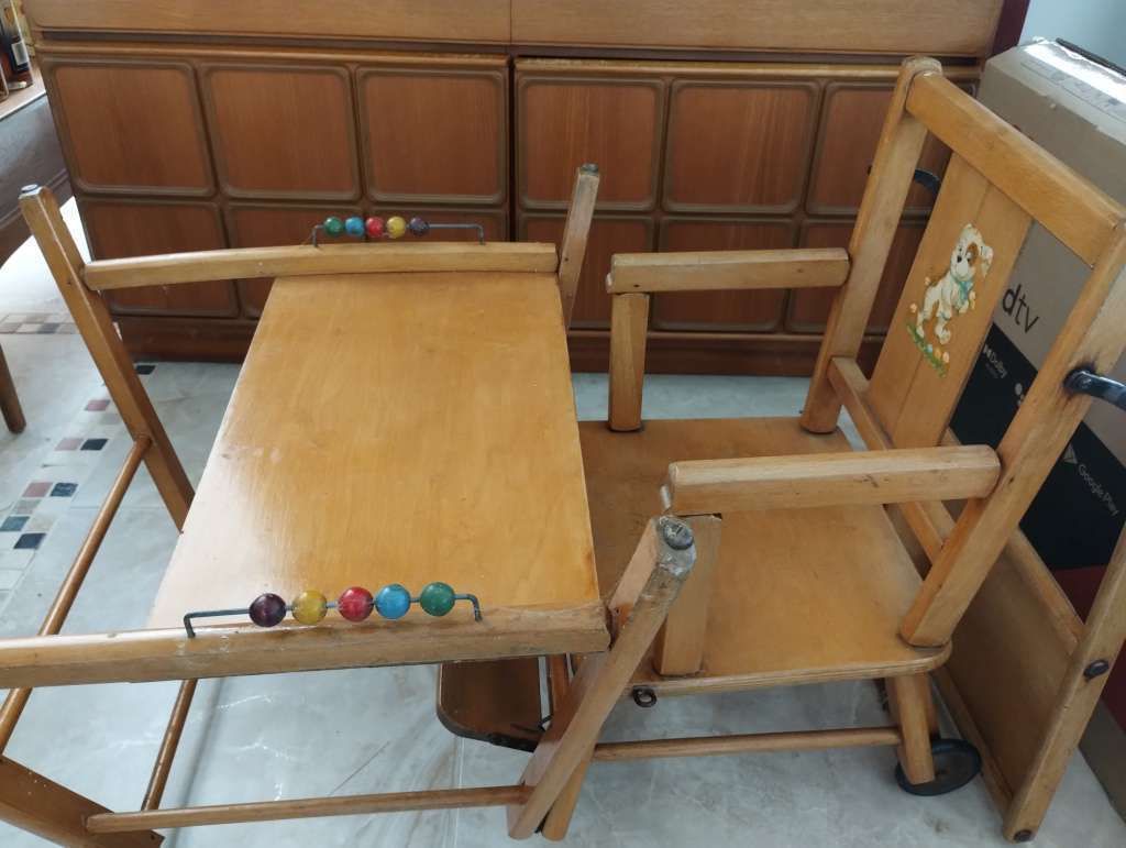 1960's Wooden Highchair / Childs Seat And Table photo vinterior