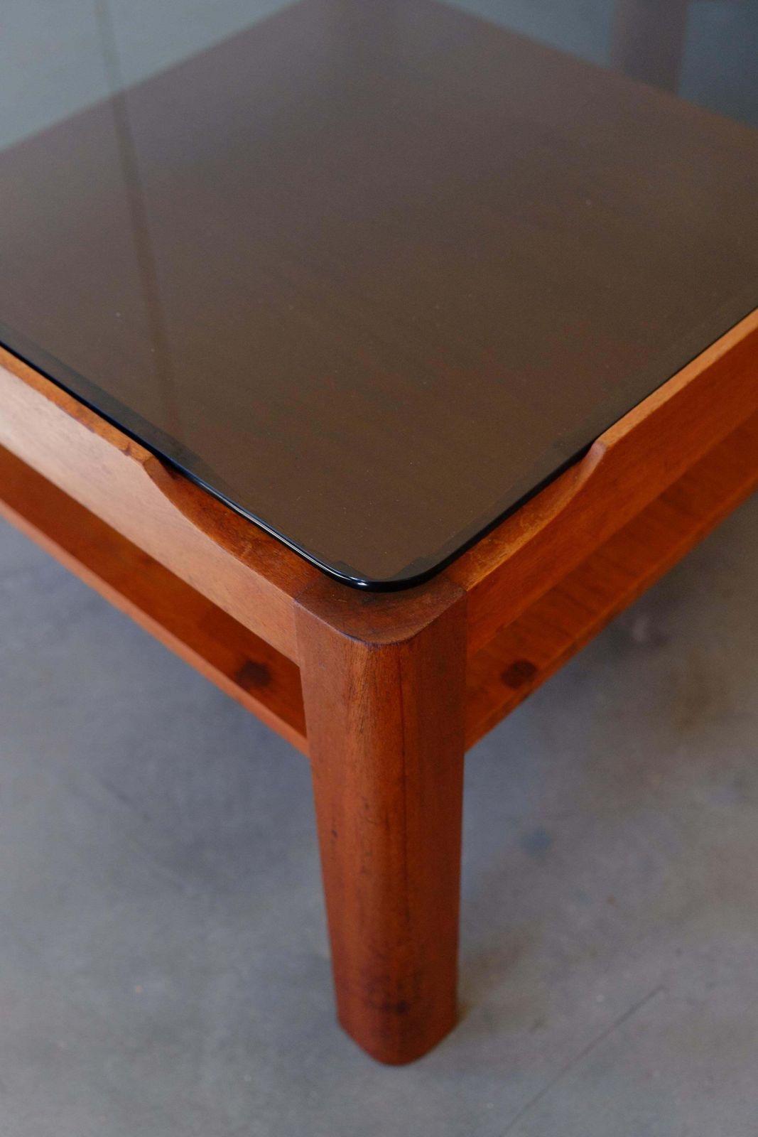 Pair Of Mid Century Teak & Smoked Glass Side Coffee Tables / Nightstands photo vinterior