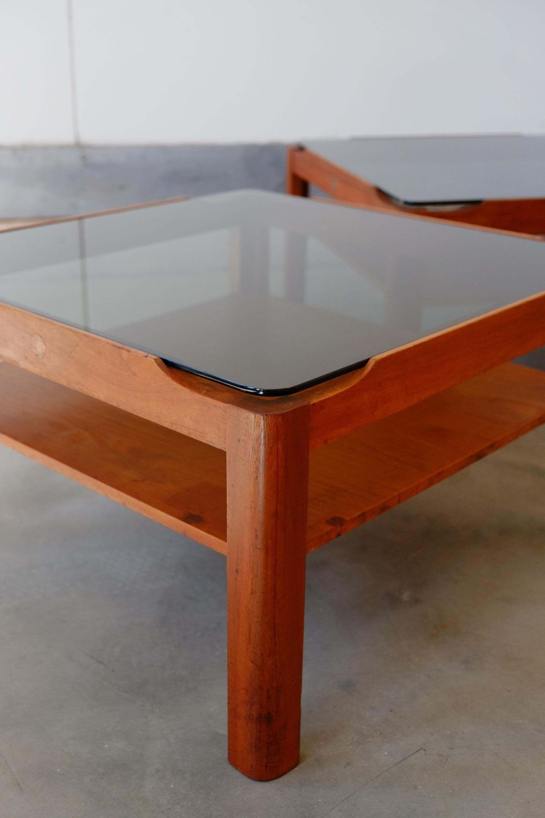 Pair Of Mid Century Teak & Smoked Glass Side Coffee Tables / Nightstands photo buy
