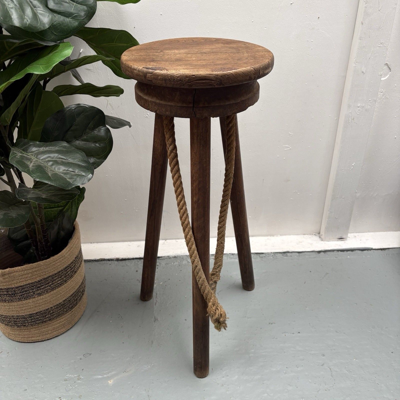 Vintage French Oak Tripod Bar Stool Nautical Theme Rope Footrest photo for sale