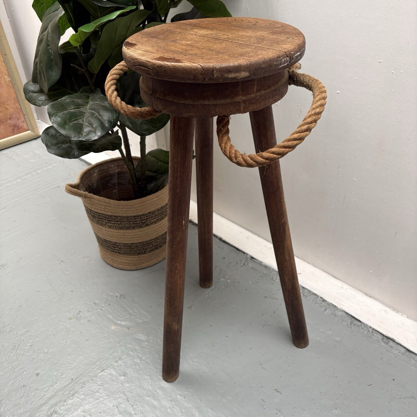 Vintage French Oak Tripod Bar Stool Nautical Theme Rope Footrest photo vinterior