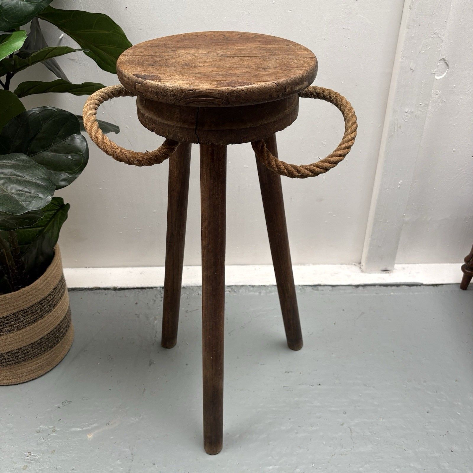 Vintage French Oak Tripod Bar Stool Nautical Theme Rope Footrest photo vintage