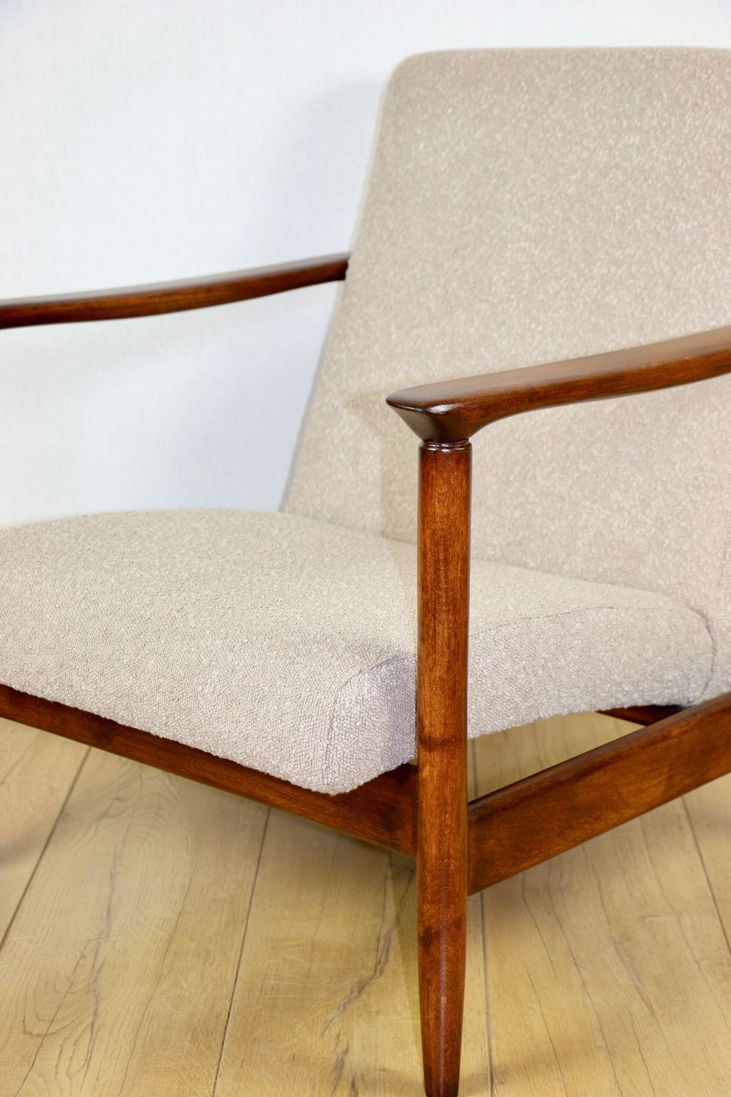 Gfm 142 Armchair, Designed By Edmund Homa From The 1970s Beige Boucle Dark Wood   2 Pieces Available. photo furniture