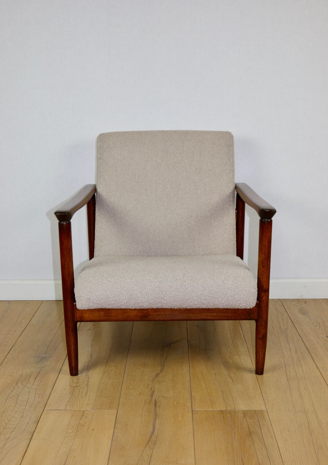 Furniture Gfm 142 Armchair, Designed By Edmund Homa From The 1970s Beige Boucle Dark Wood   2 Pieces Available. photo