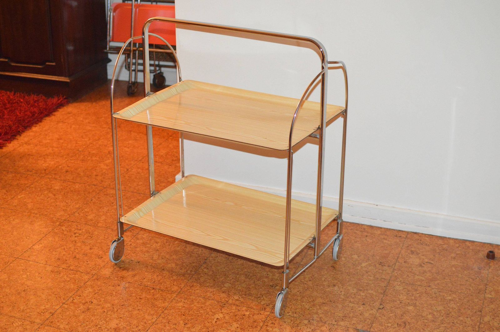 Mid Century Modern Folding Serving Trolley Dinett Foldable Chromed Metal Trolley, Vintage Bar Cart, Made In Germany, Retro Bar