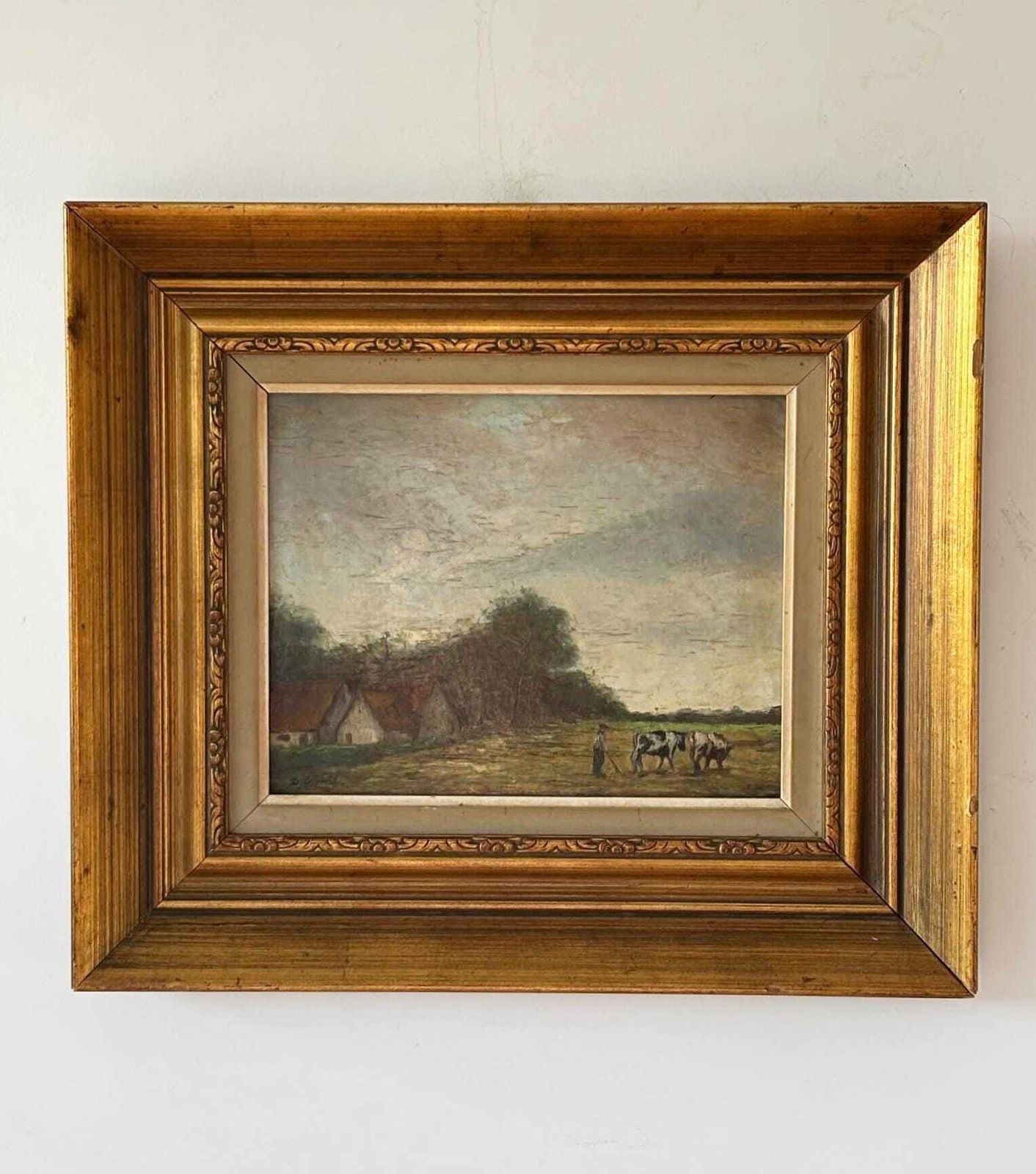 Charming Antique Countryside Landscape Painting In Ornate Gold Frame With Cows photo furniture