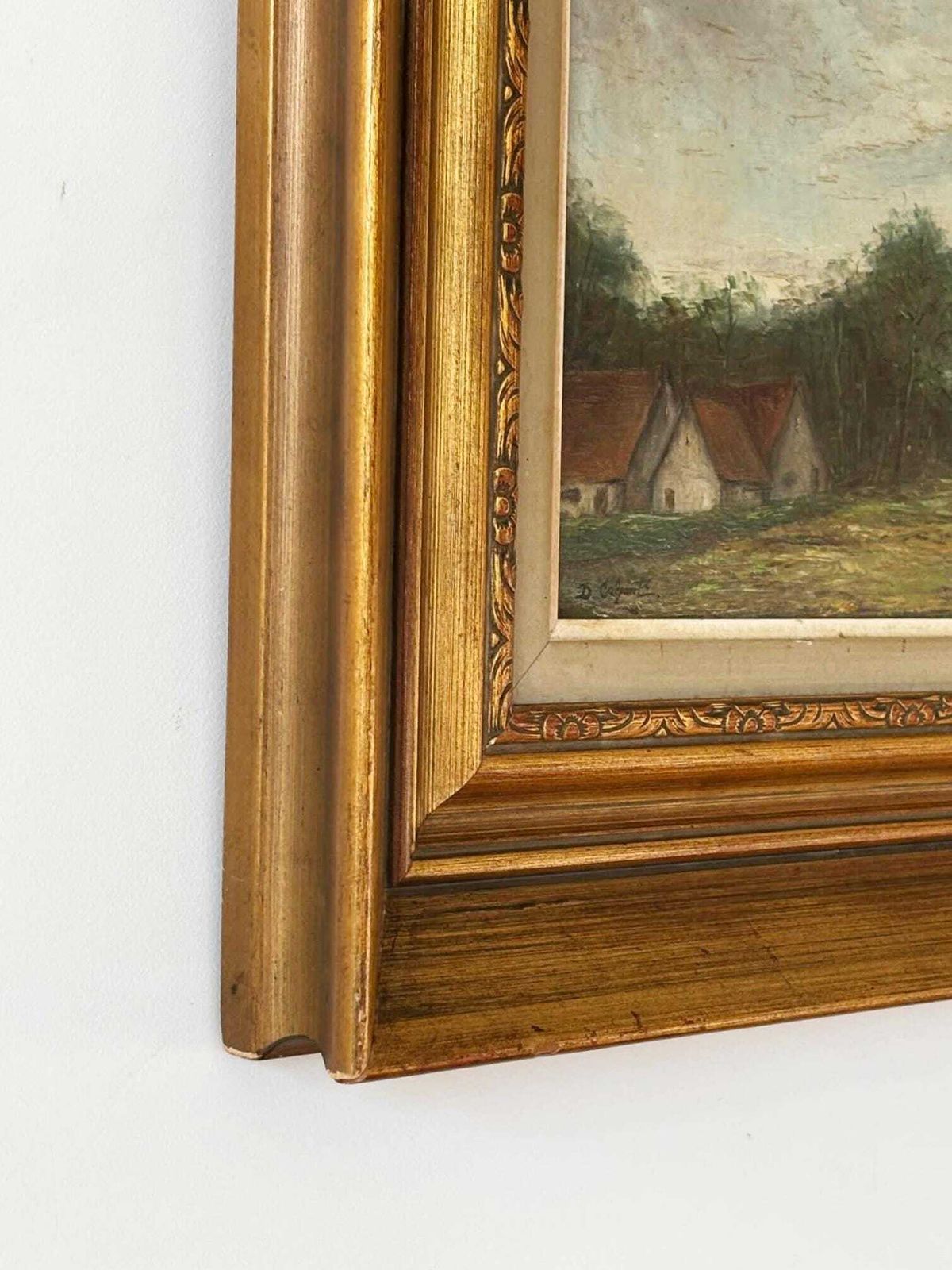 Charming Antique Countryside Landscape Painting In Ornate Gold Frame With Cows photo Art