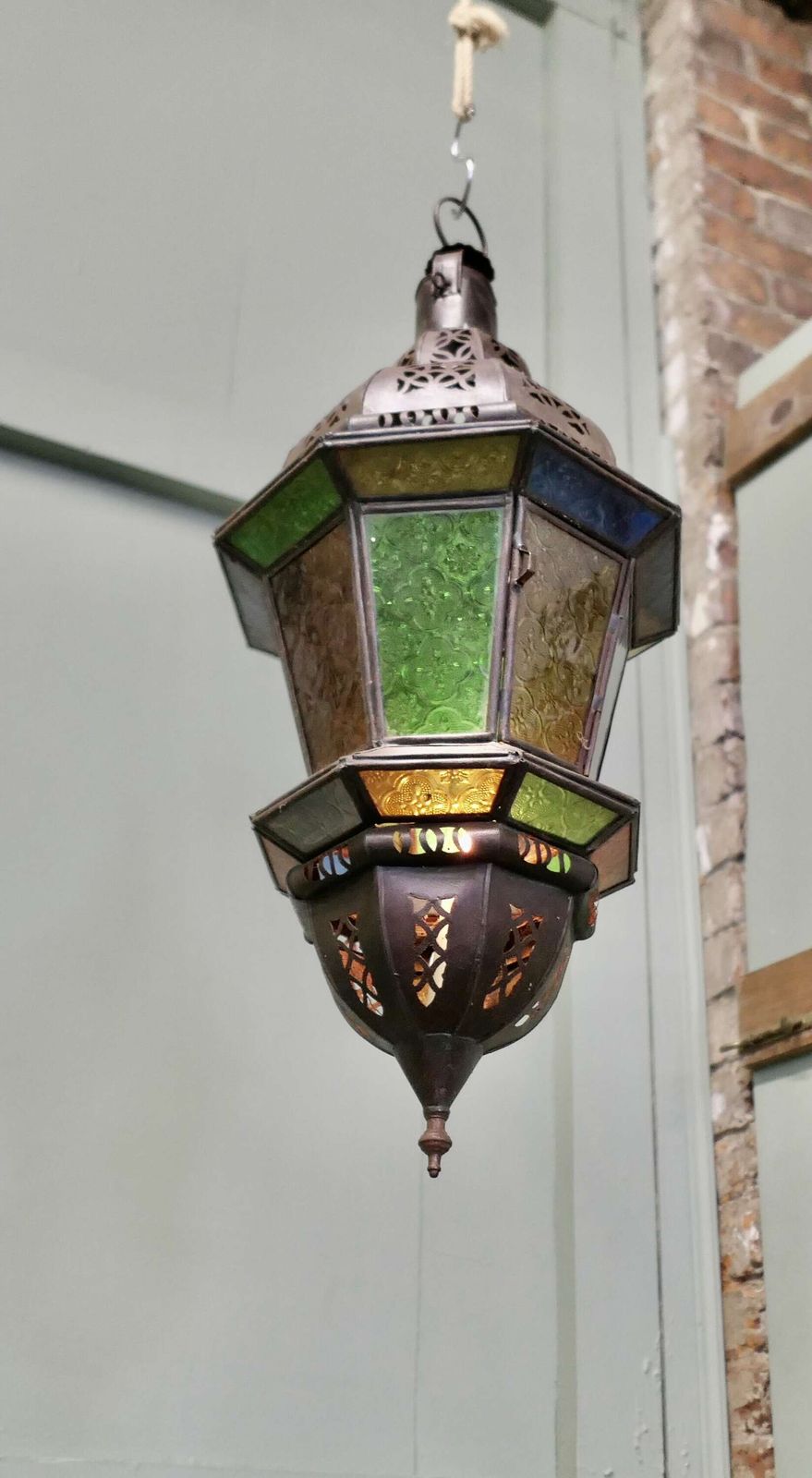 North African Stained Glass Hanging Lantern Lamp Shade photo Lighting