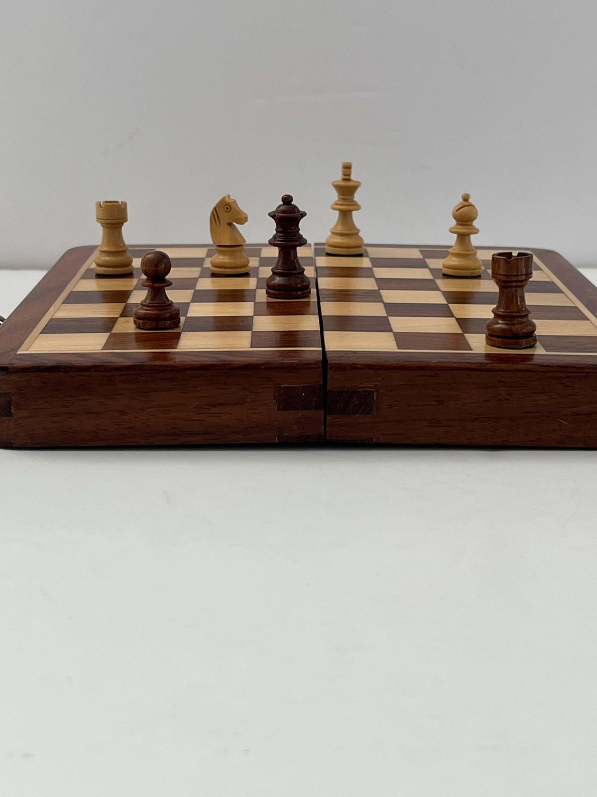 1950s Handmade Miniature Chess Set With Walnut Inlaid Box With Magnetic Pieces photo Home Decor