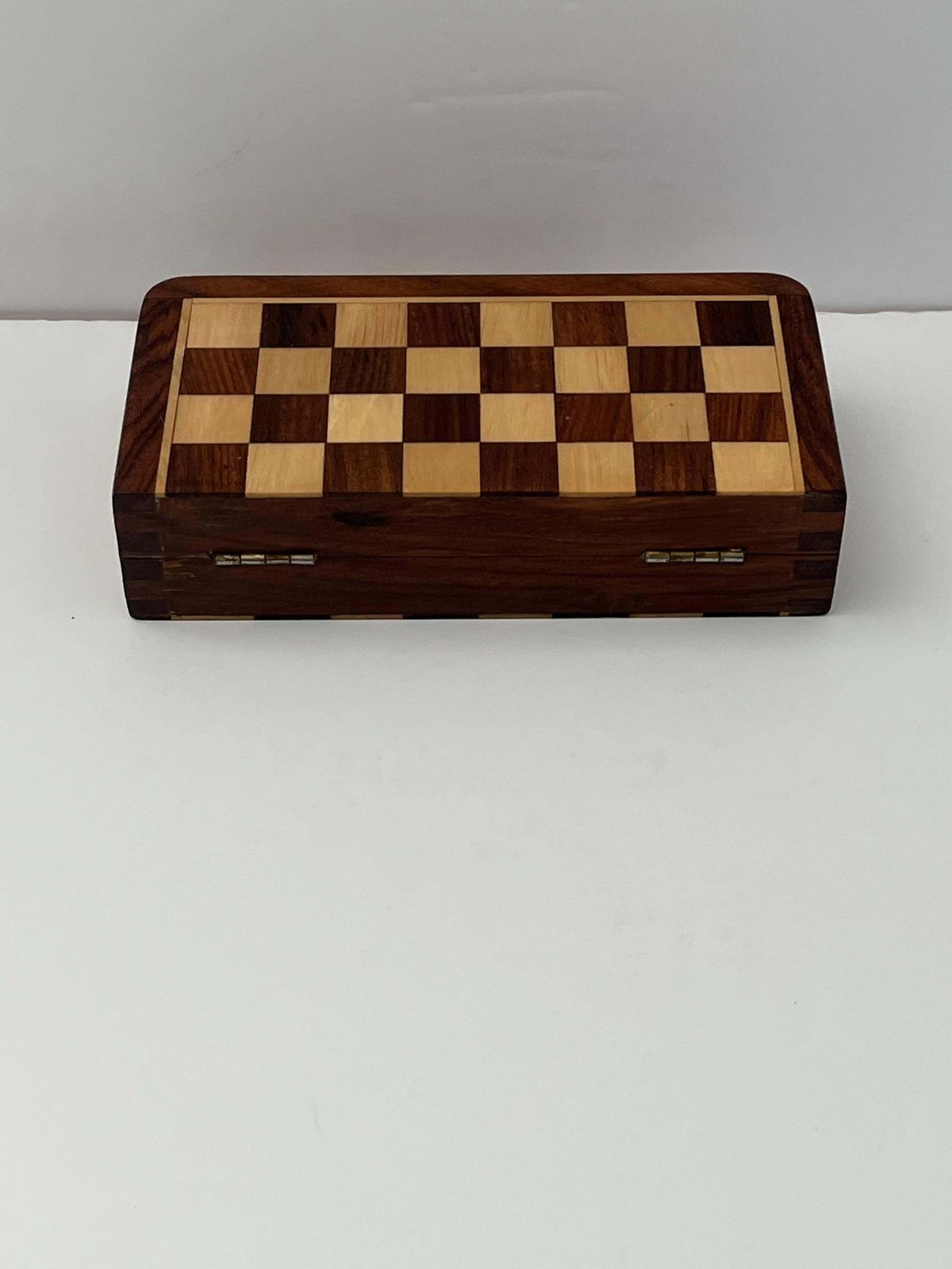 1950s Handmade Miniature Chess Set With Walnut Inlaid Box With Magnetic Pieces photo 235.0