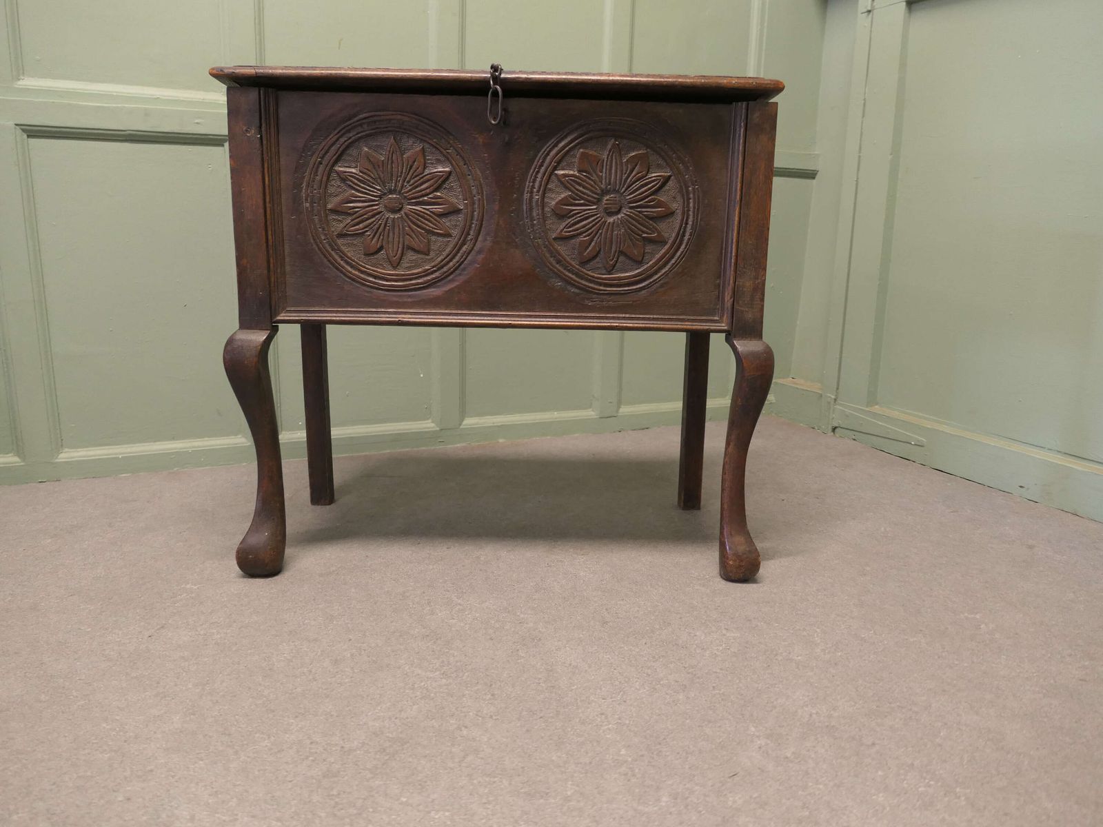 An Unusual 17th Century Carved Oak Coffer On Legs