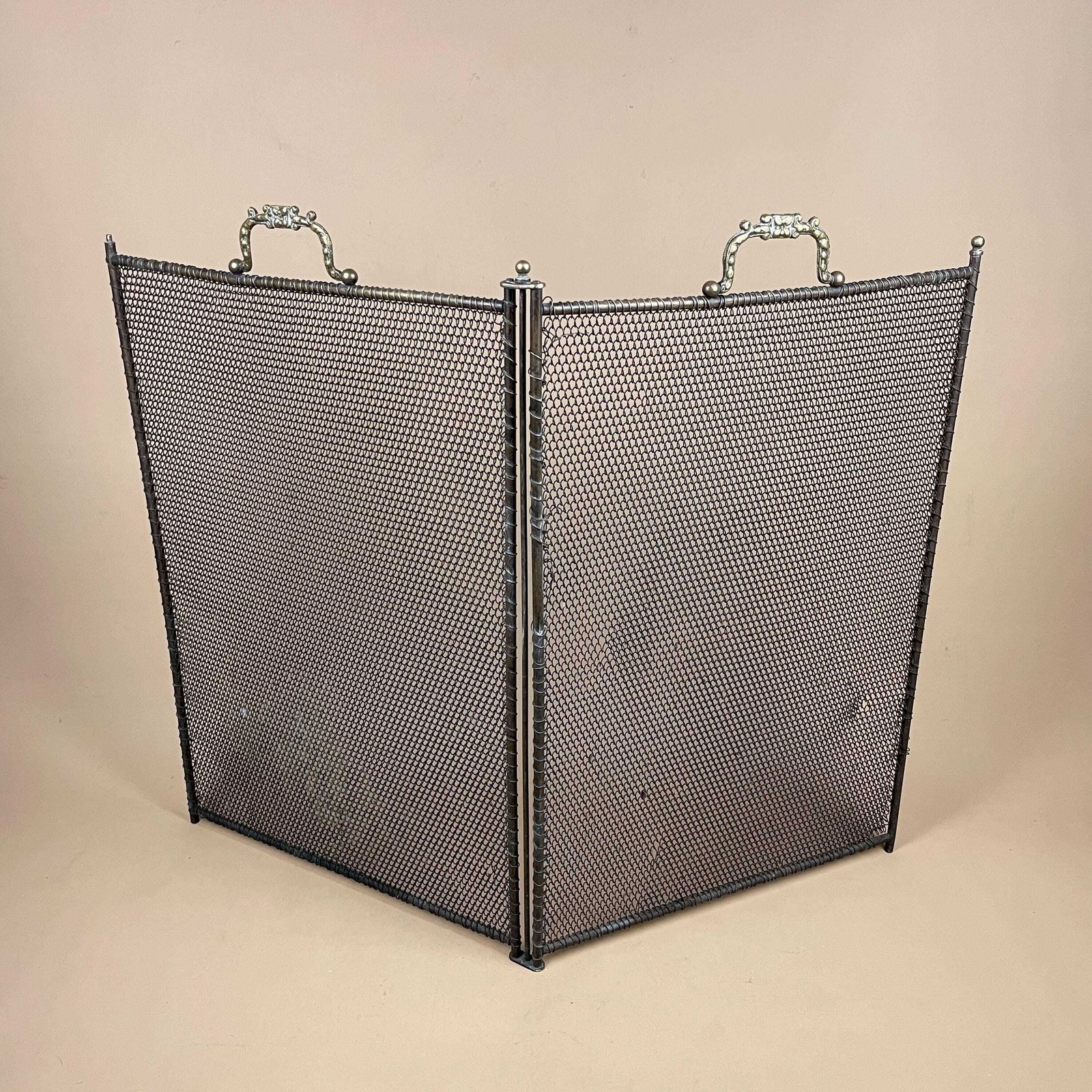 Antique Fireguard Fireplace Screen Gold Brass Metal Frame Vintage Fire Guard Fold Down Victorian Ornate Freestanding Pattern Mesh Rectangle photo vinterior