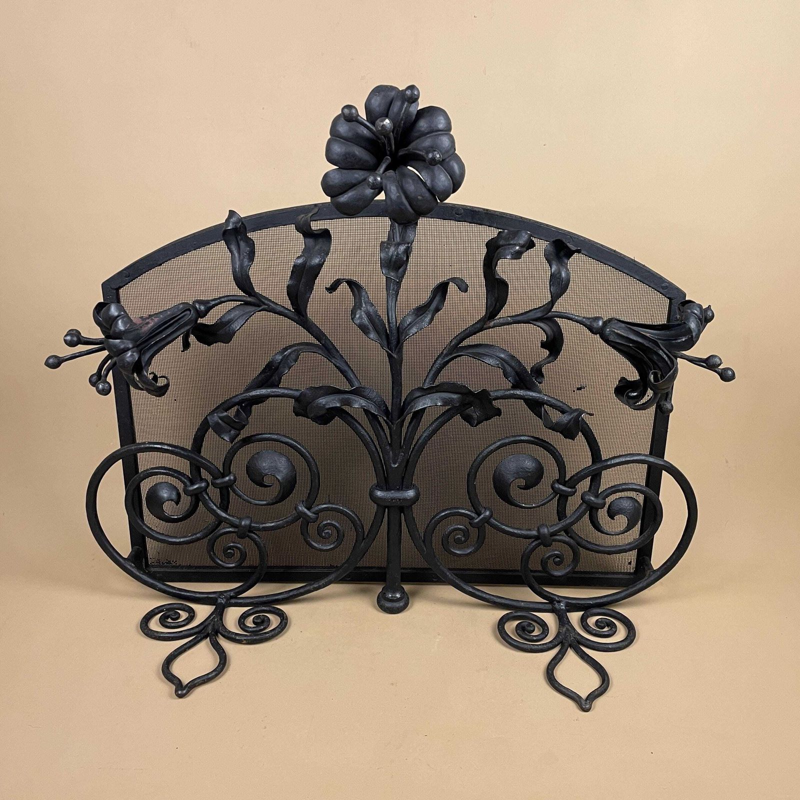 Art Deco French Fireguard Fireplace Screen Metal Cast Iron Black Fer Forge Fire Guard Floral Freestanding Patterned Rectangle Mesh Wrought photo for sale