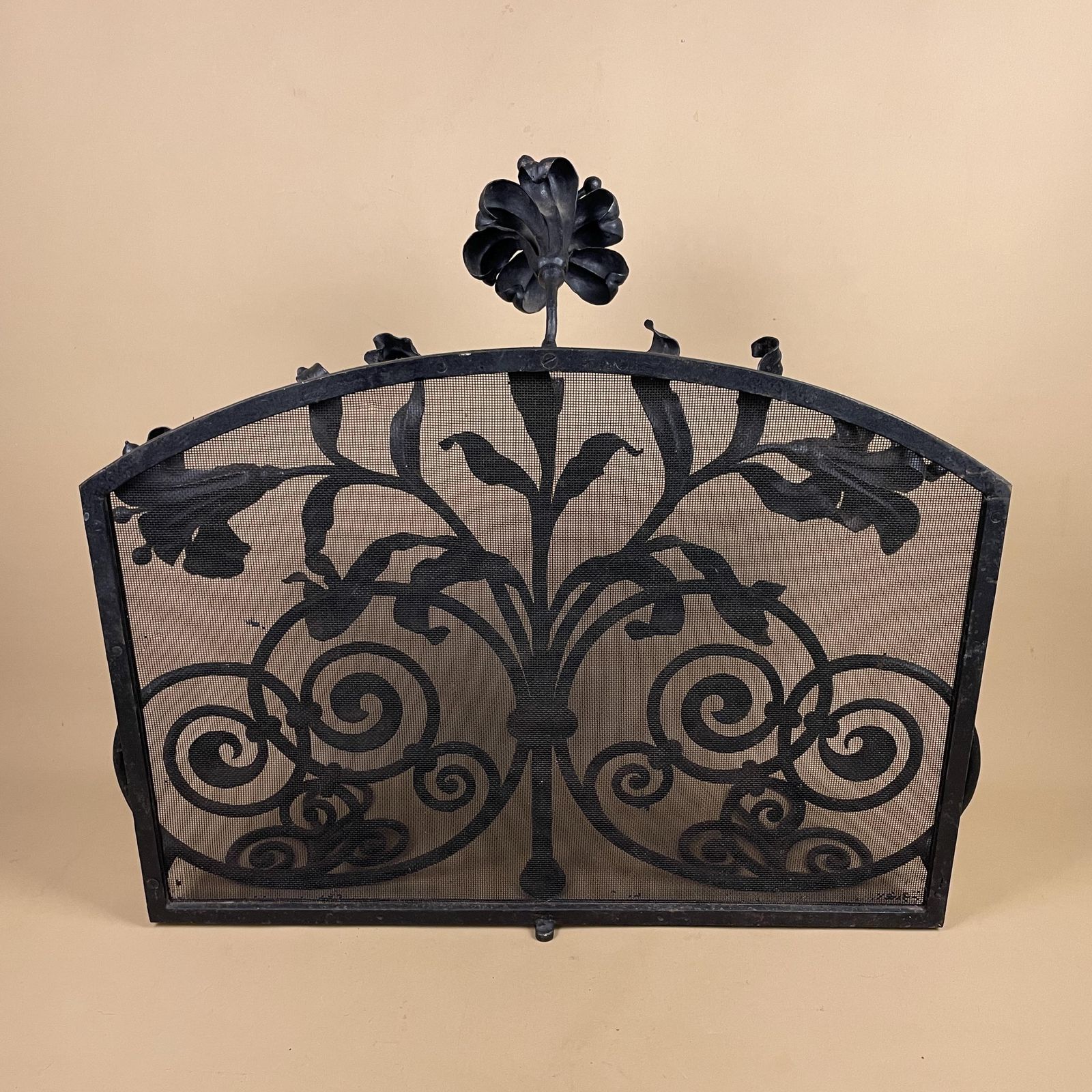 photo for sale Art Deco French Fireguard Fireplace Screen Metal Cast Iron Black Fer Forge Fire Guard Floral Freestanding Patterned Rectangle Mesh Wrought