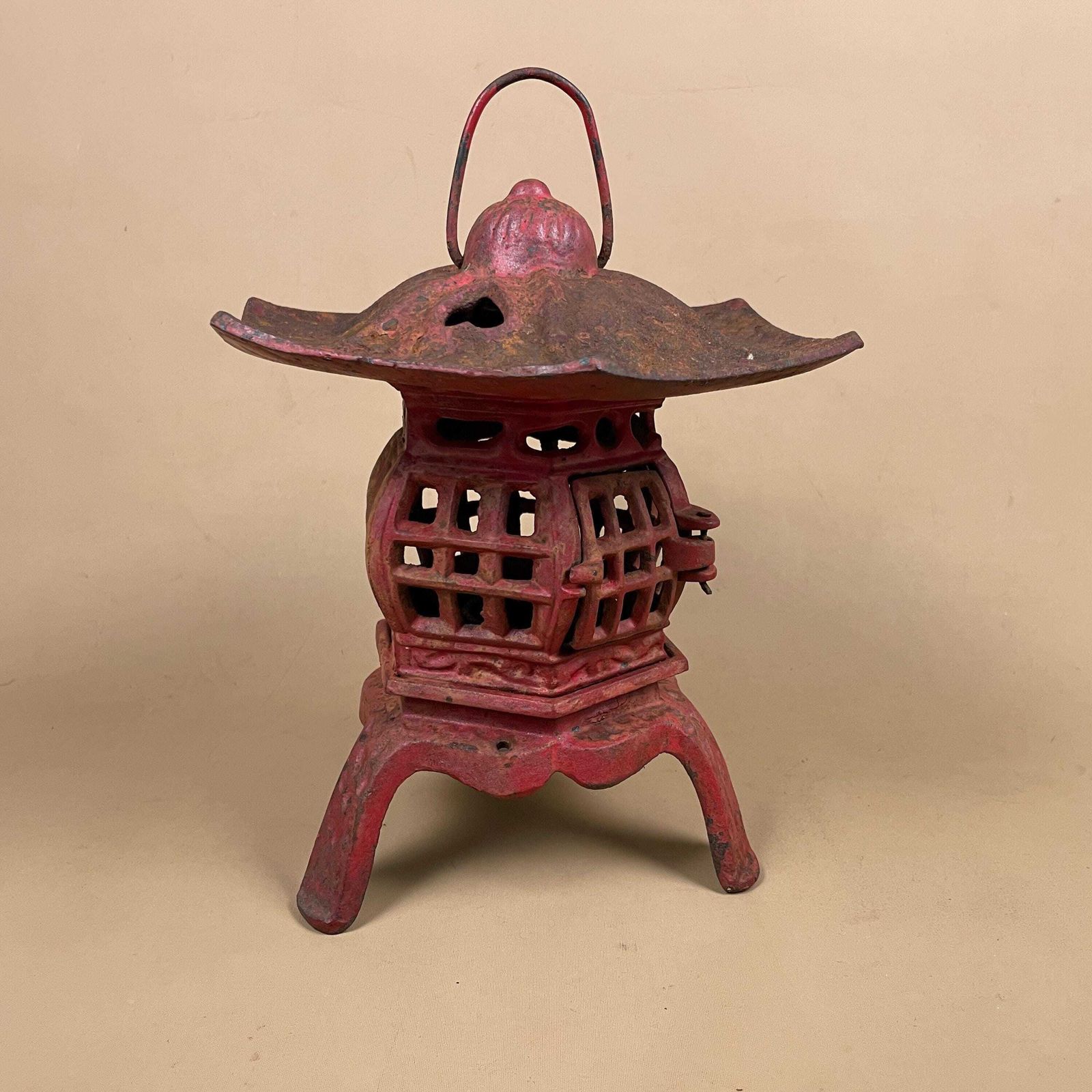 Japanese Pagoda Lantern Oriental Lamp Cast Metal Asian Garden Light Red Indoor Outdoor Lighting Home Accent Candle Tealight Holder Antique photo for sale