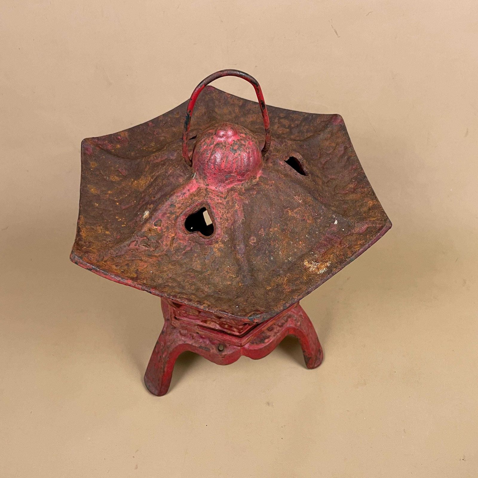 Japanese Pagoda Lantern Oriental Lamp Cast Metal Asian Garden Light Red Indoor Outdoor Lighting Home Accent Candle Tealight Holder Antique photo 85.0