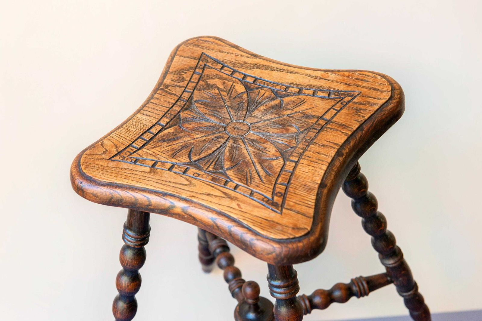 Antique Oak Bobbin Leg Stool   19th Century Hand Carved Seat   Victorian Turned Legs Plant Stand photo buy