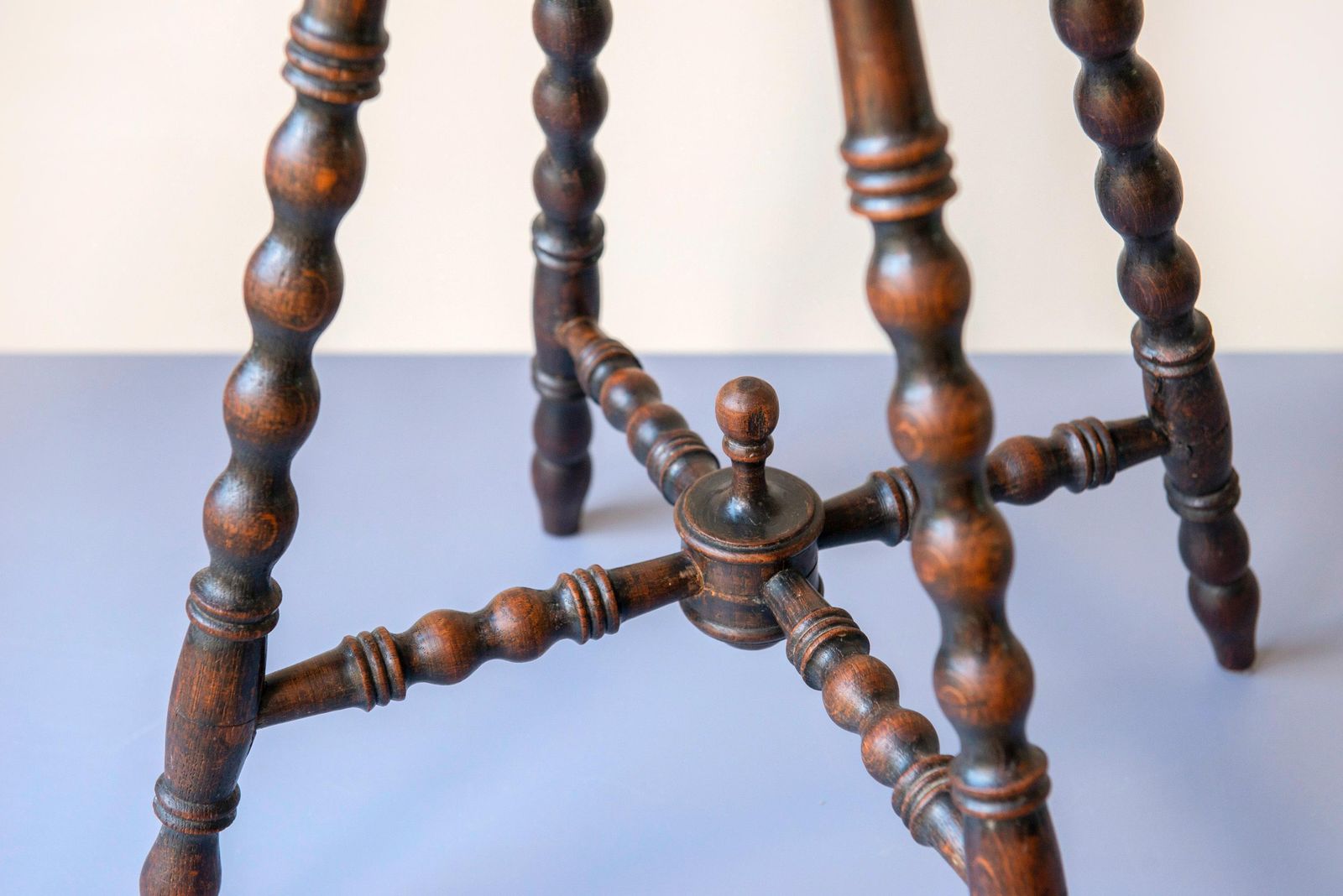 photo furniture Antique Oak Bobbin Leg Stool   19th Century Hand Carved Seat   Victorian Turned Legs Plant Stand