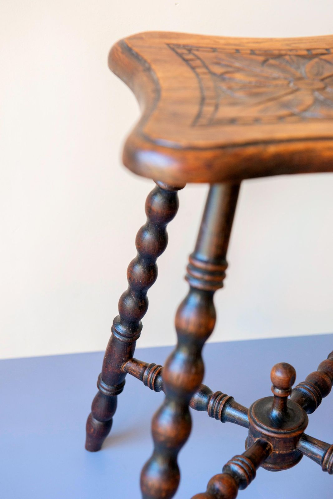295.0 Antique Oak Bobbin Leg Stool   19th Century Hand Carved Seat   Victorian Turned Legs Plant Stand photo
