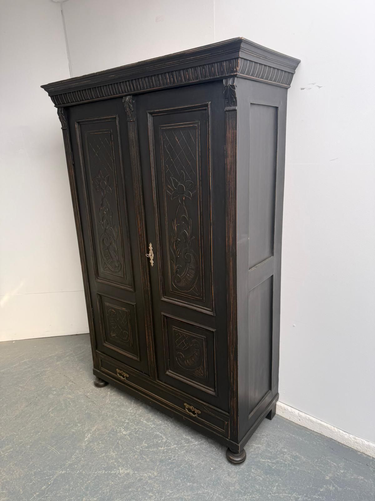 A Stylish Original Hungarian Antique Pine & Oak Painted Black Hall Wardrobe