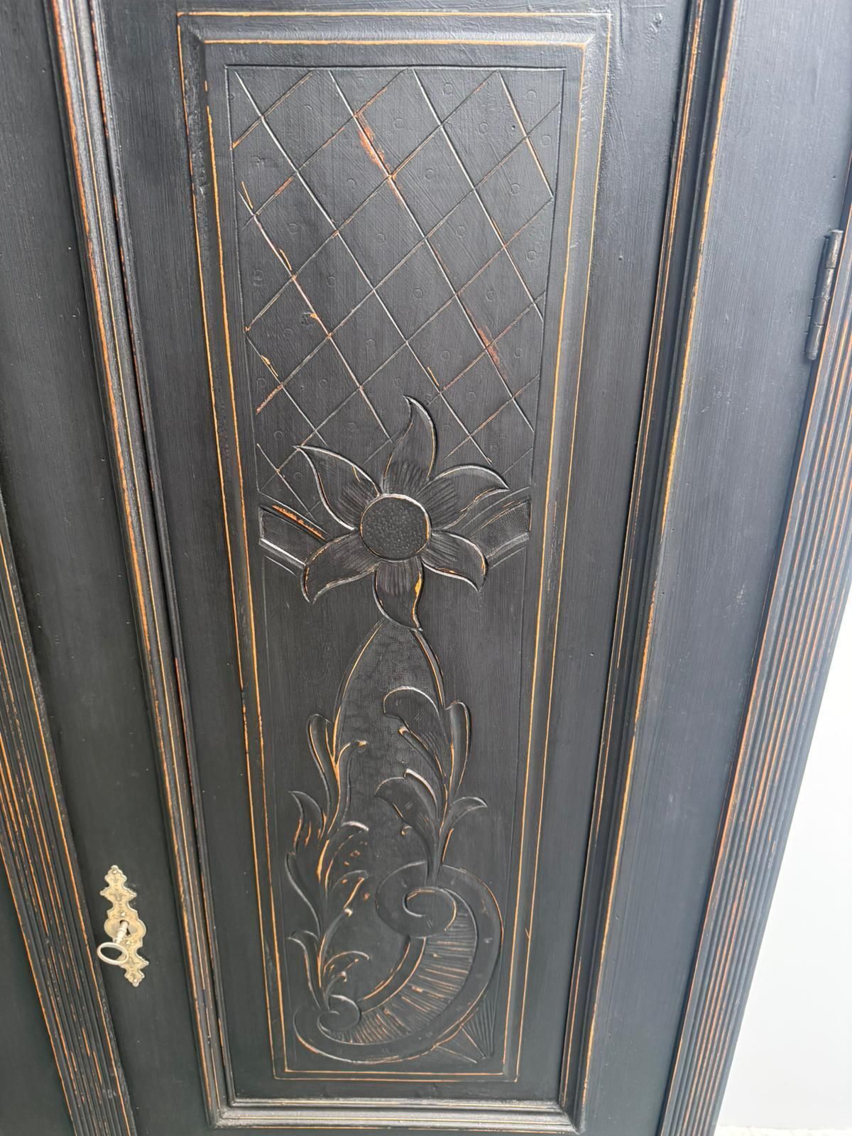 A Stylish Original Hungarian Antique Pine & Oak Painted Black Hall Wardrobe photo 995.0