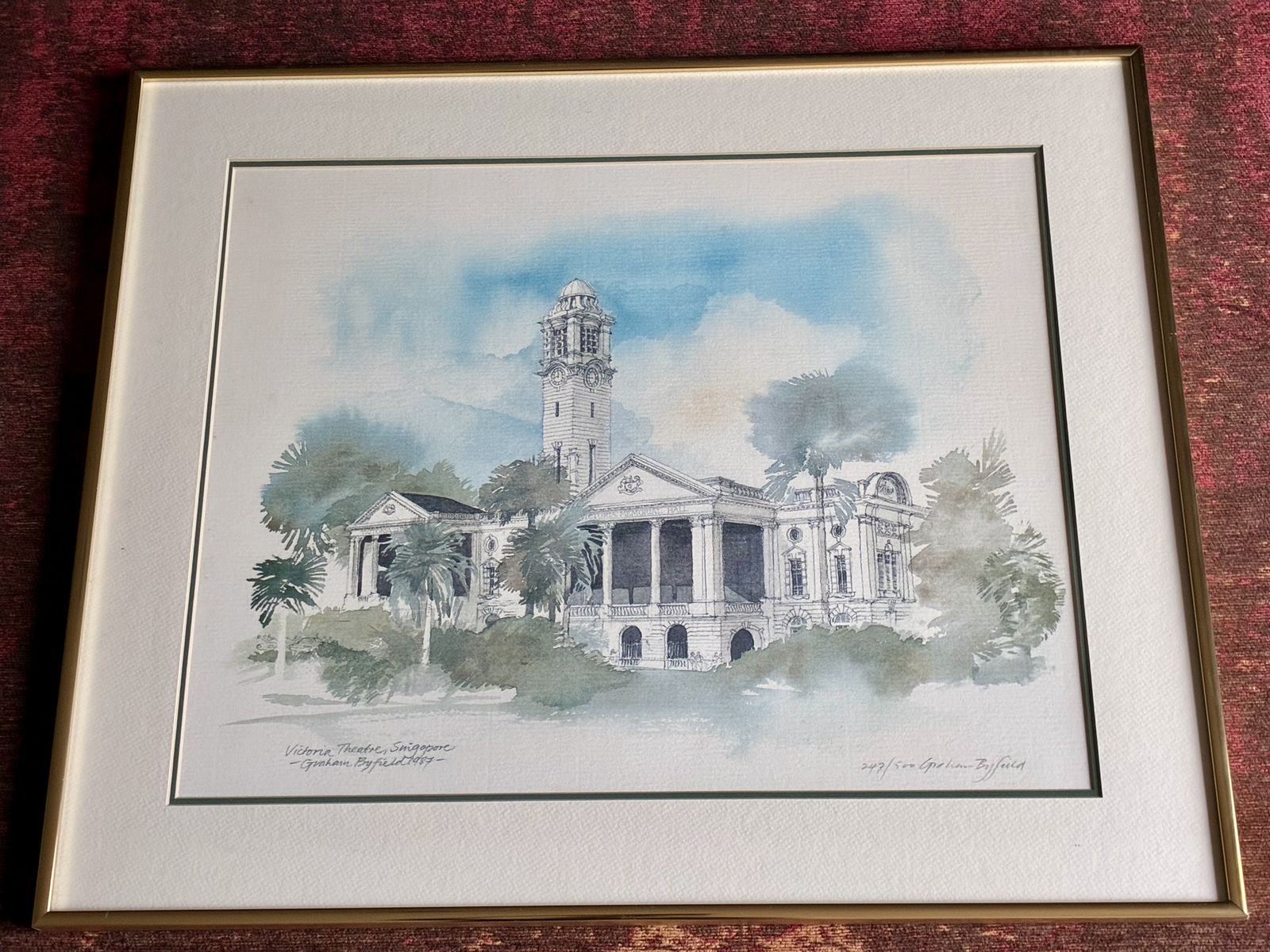 Signed Graham Byfield Architectural Lithograph, Victoria Theatre, Singapore photo furniture