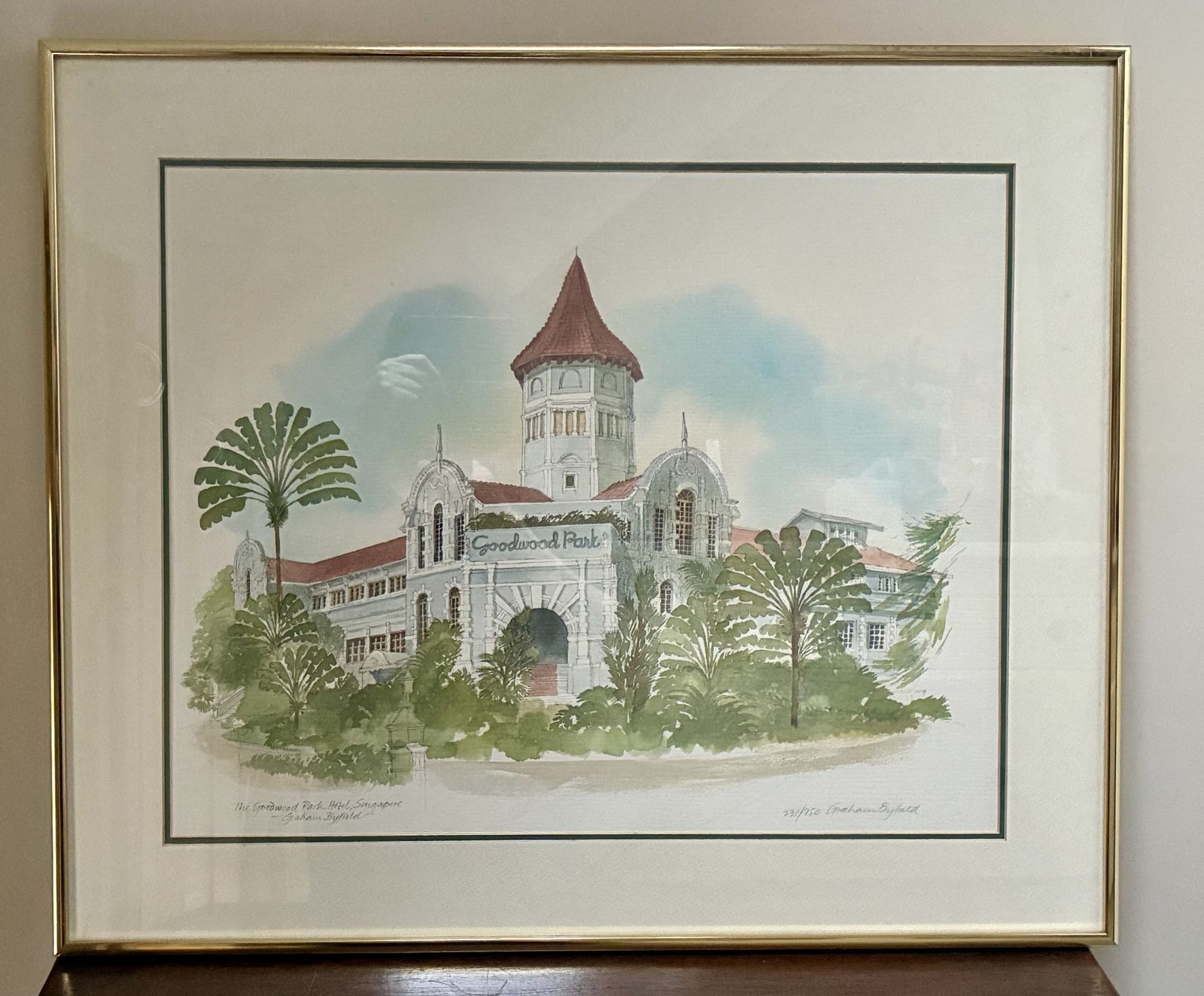 Signed Graham Byfield Architectural Lithograph, Goodwood Park Hotel Singapore