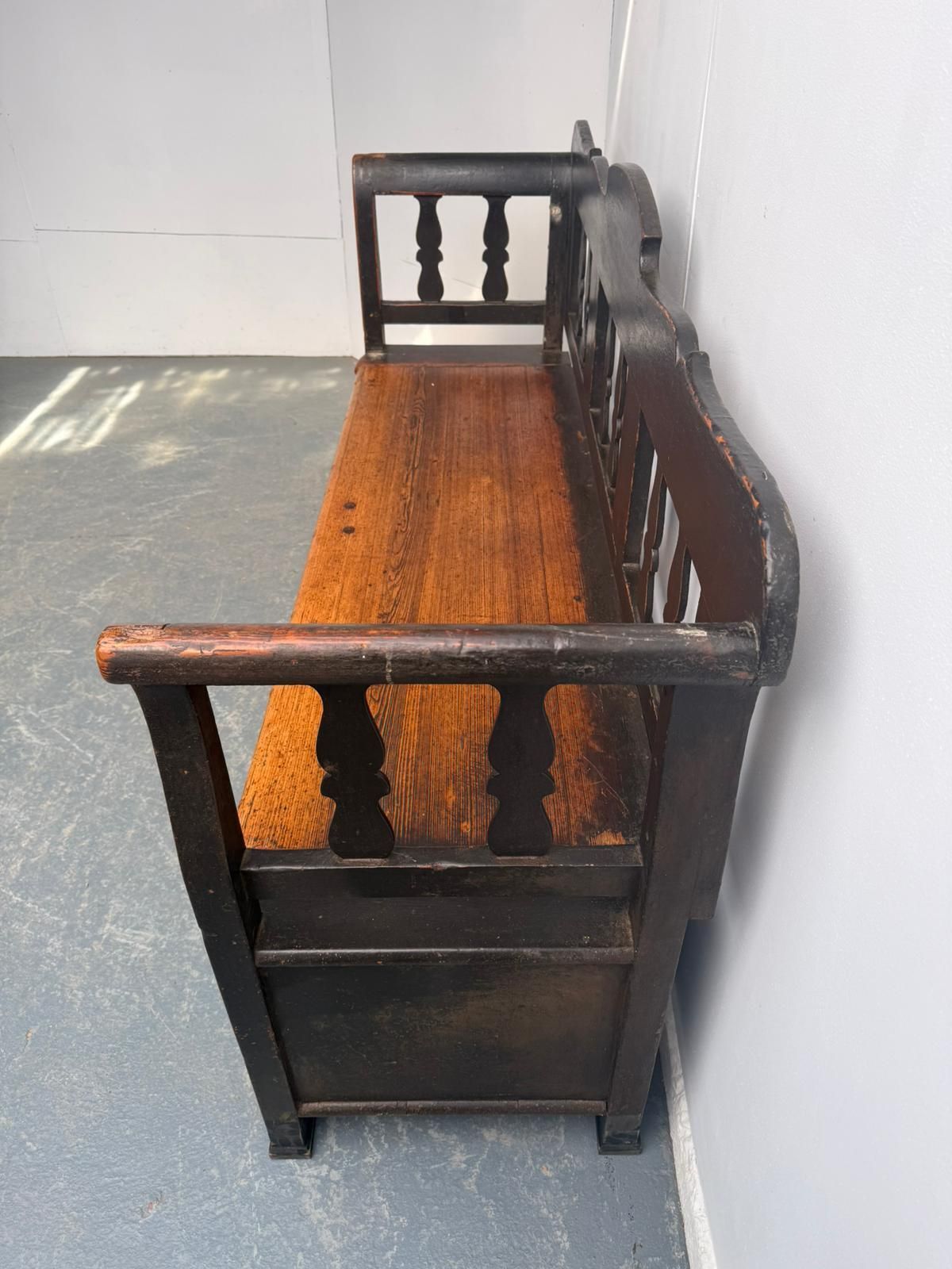 1195.0 A Georgian Original Hungarian Painted Black Pine 3 Seater Bench photo
