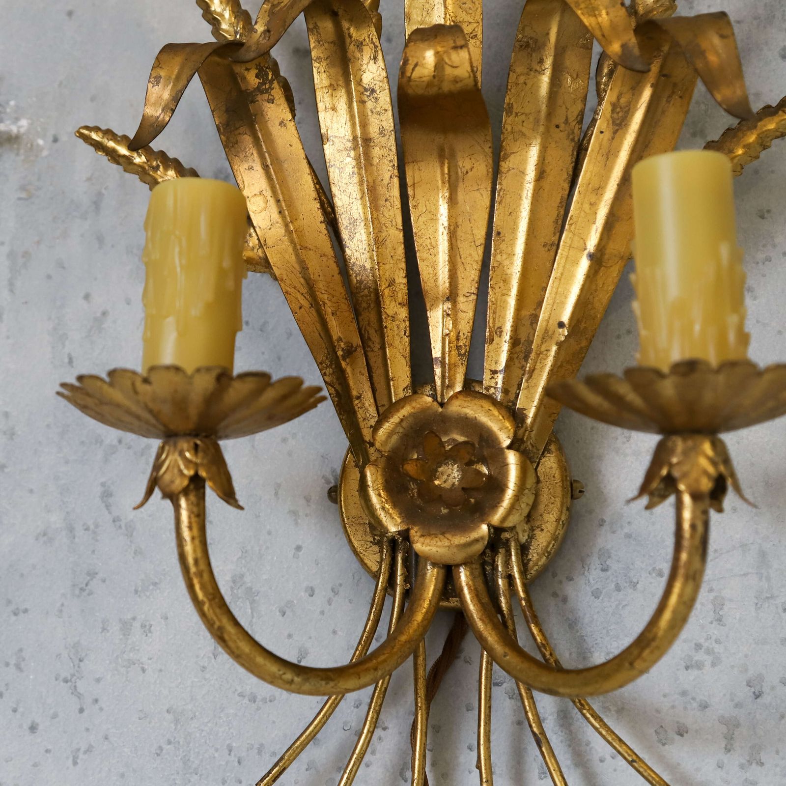 ​​​​​​​English Mid‑Century Twin‑Candled Gilt Metal Electric Wall Sconce photo 425.0