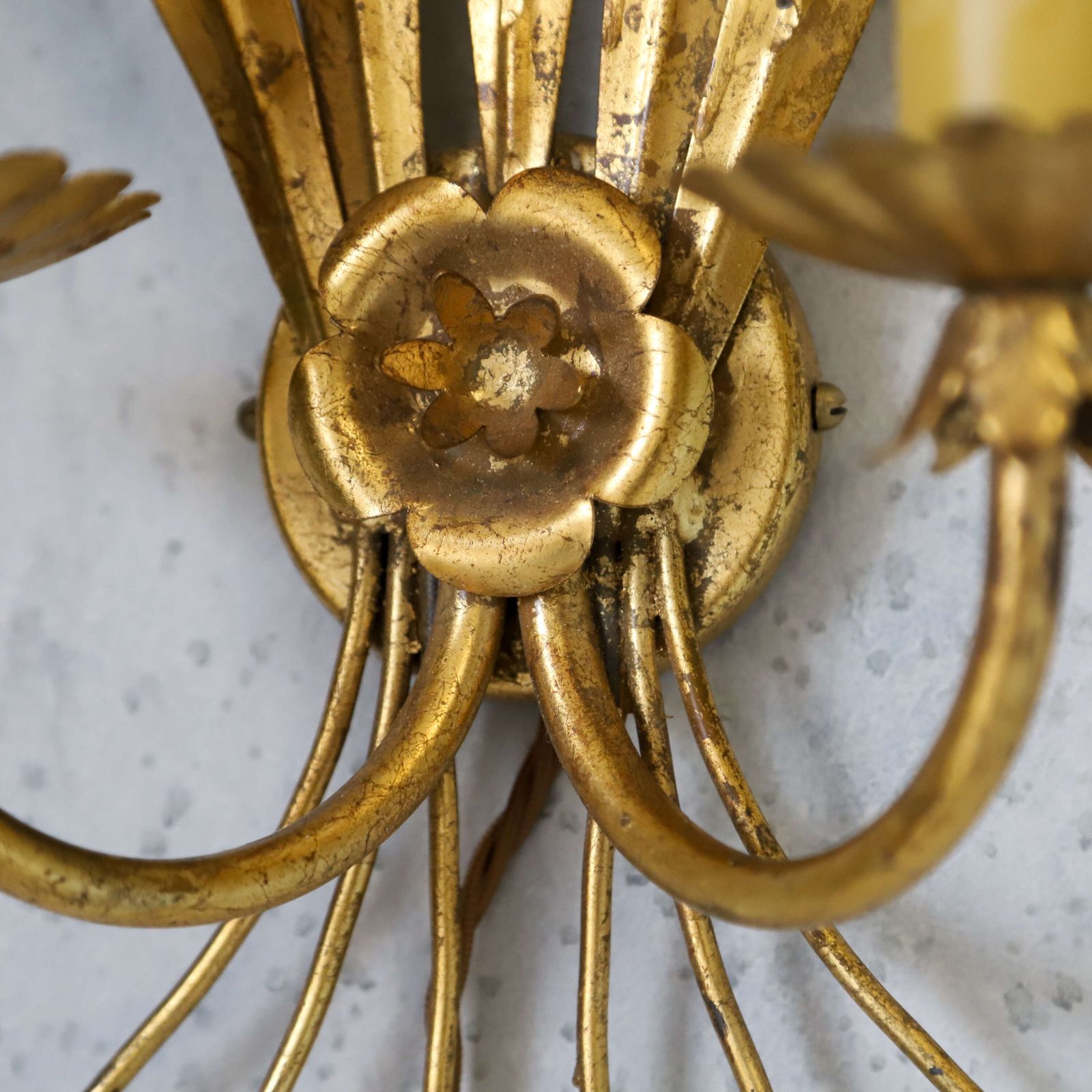 ​​​​​​​English Mid‑Century Twin‑Candled Gilt Metal Electric Wall Sconce photo vinterior